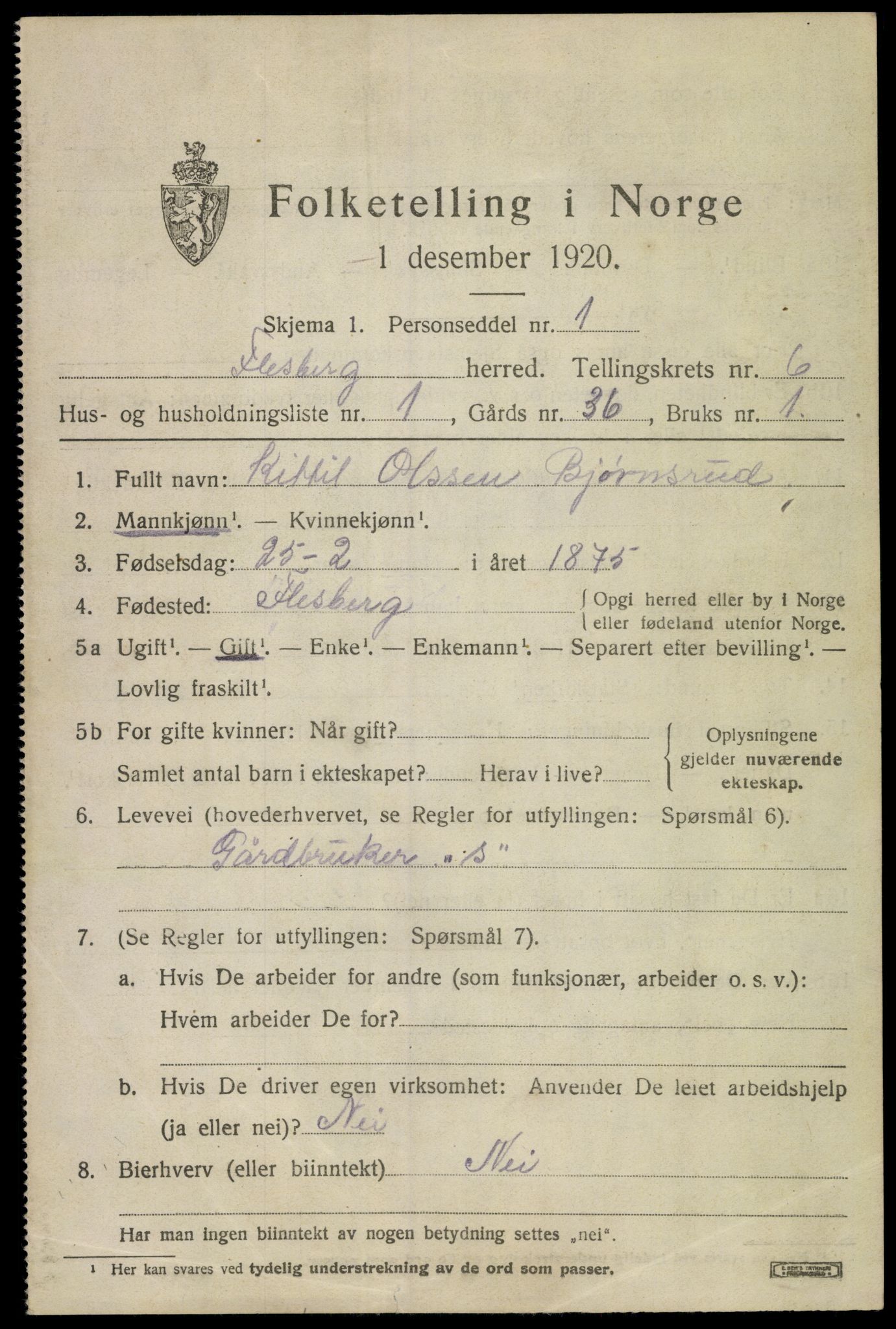 SAKO, 1920 census for Flesberg, 1920, p. 2613