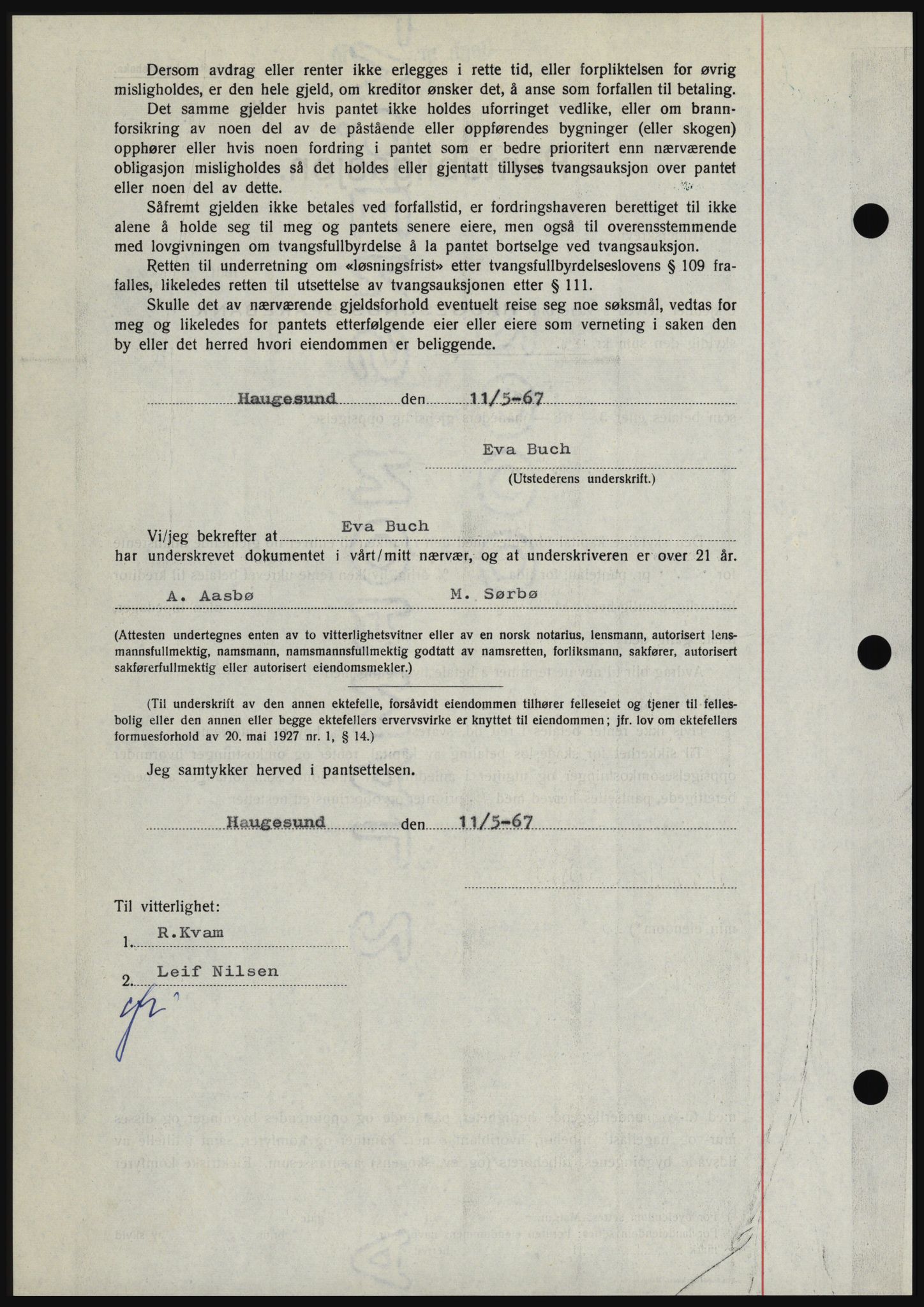 Haugesund tingrett, SAST/A-101415/01/II/IIC/L0056: Mortgage book no. B 56, 1966-1967, Diary no: : 1218/1967