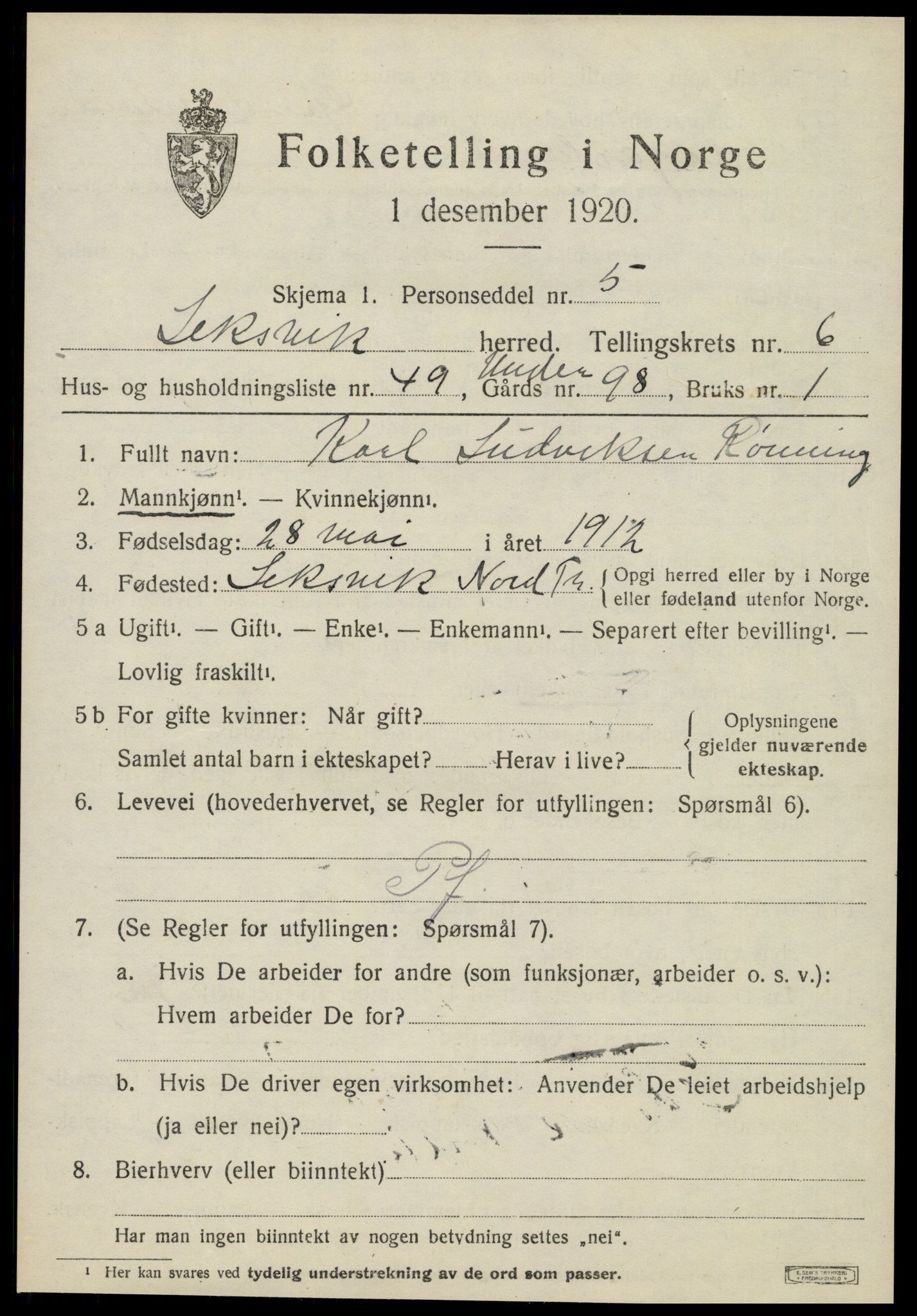 SAT, 1920 census for Leksvik, 1920, p. 6010