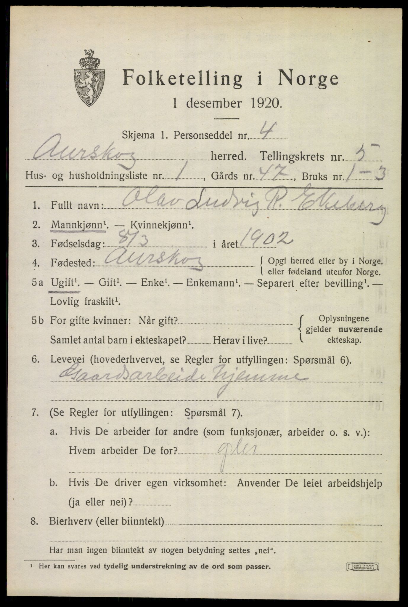 SAO, 1920 census for Aurskog, 1920, p. 6528