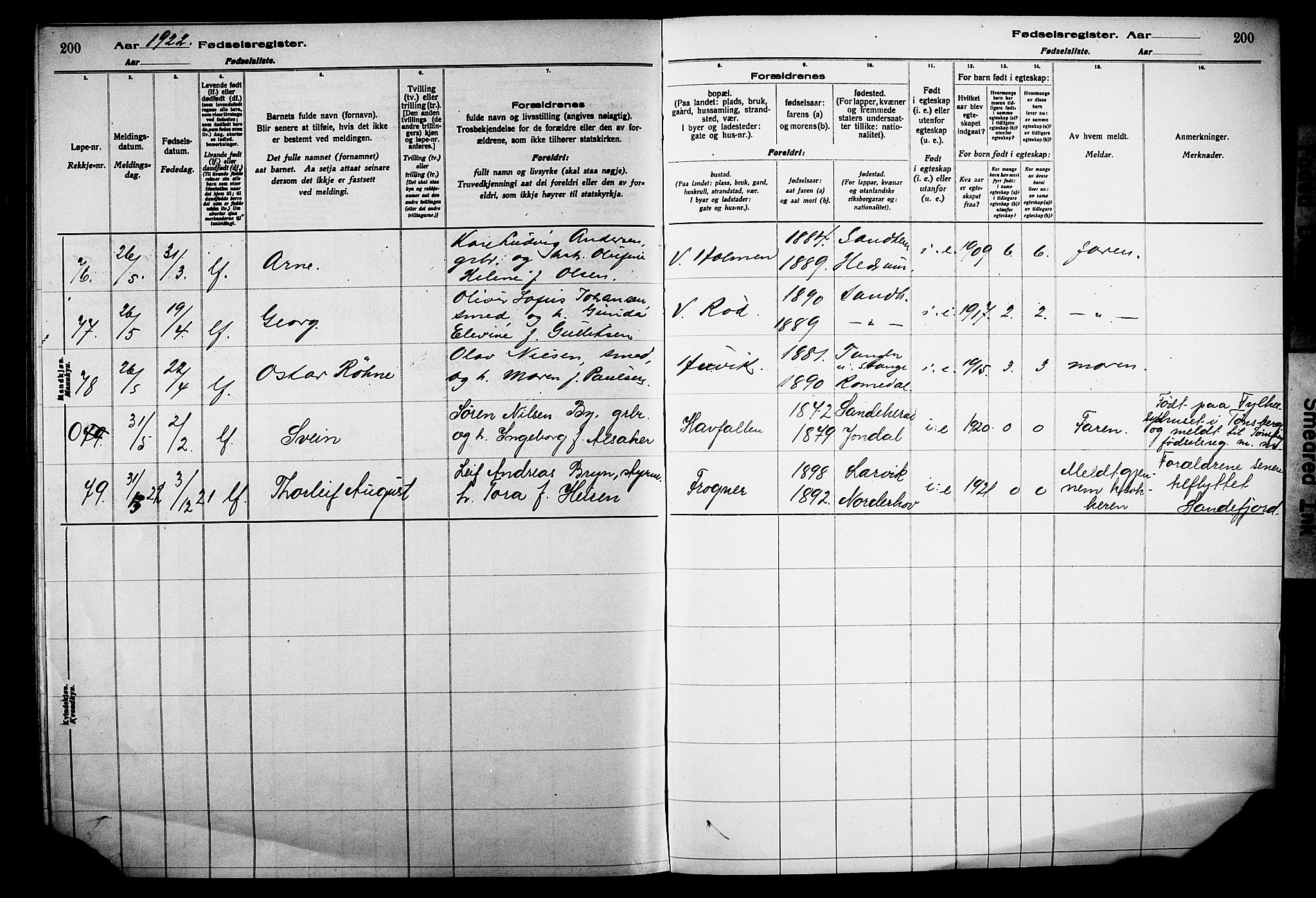 Sandar kirkebøker, AV/SAKO-A-243/J/Ja/L0001: Birth register no. 1, 1916-1922, p. 200