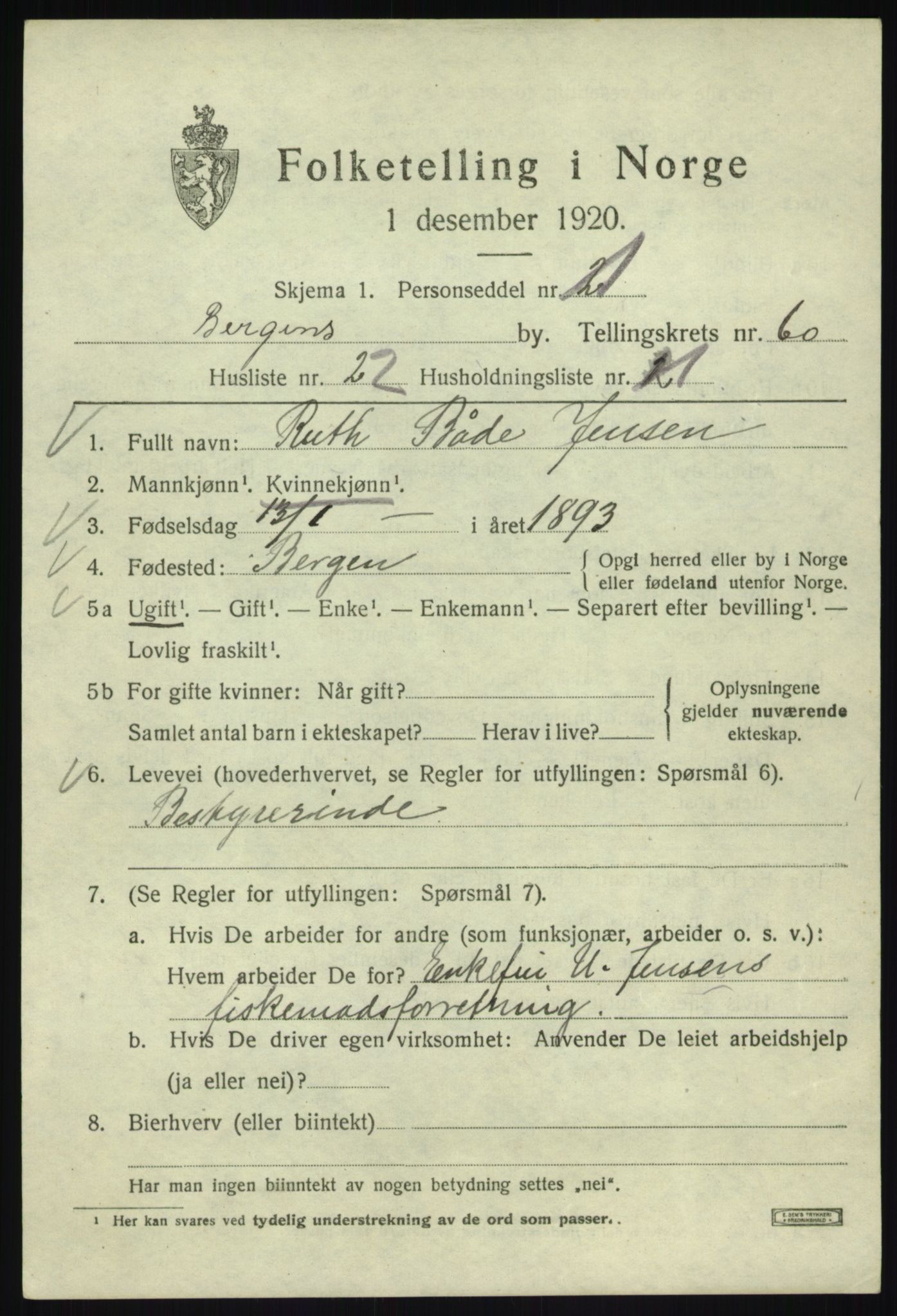 SAB, 1920 census for Bergen, 1920, p. 129764