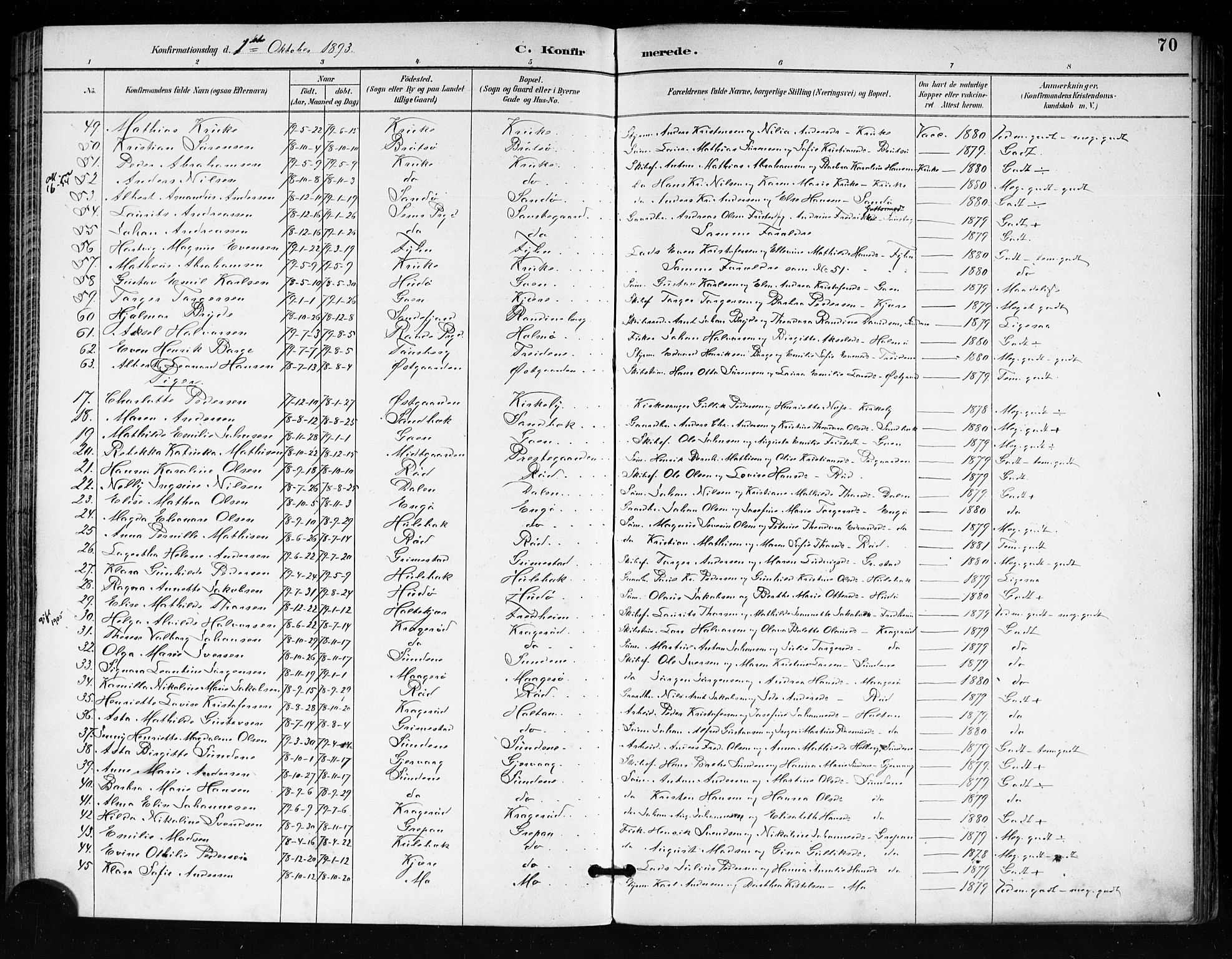 Tjøme kirkebøker, AV/SAKO-A-328/F/Fa/L0003: Parish register (official) no. I 3, 1891-1900, p. 70