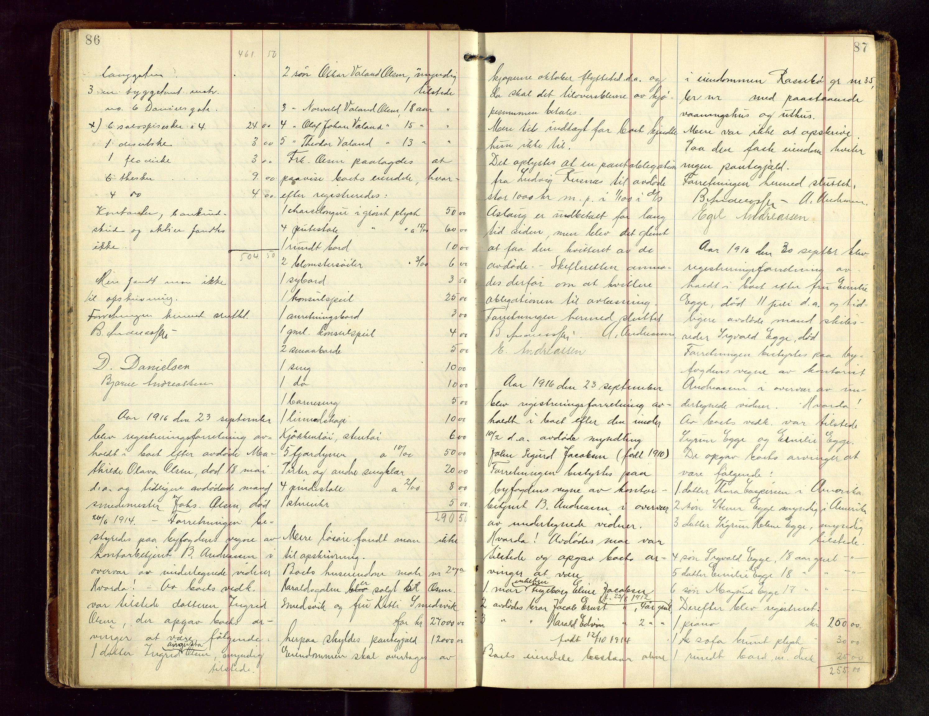 Haugesund tingrett, AV/SAST-A-101415/01/IV/IVB/L0004: Skifteregistreringsprotokoll, med register, 1914-1923, p. 86-87