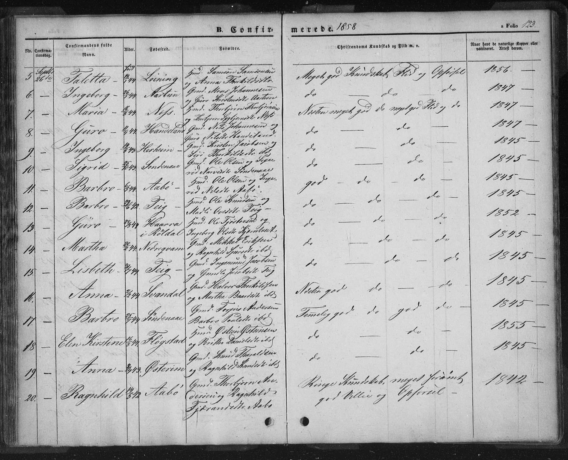 Sand sokneprestkontor, AV/SAST-A-101848/01/III/L0002: Parish register (official) no. A 2, 1838-1859, p. 123