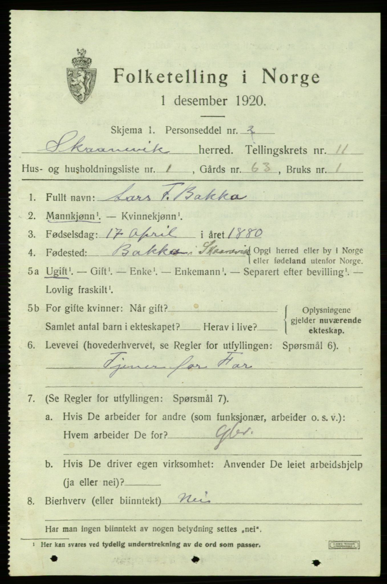 SAB, 1920 census for Skånevik, 1920, p. 5175