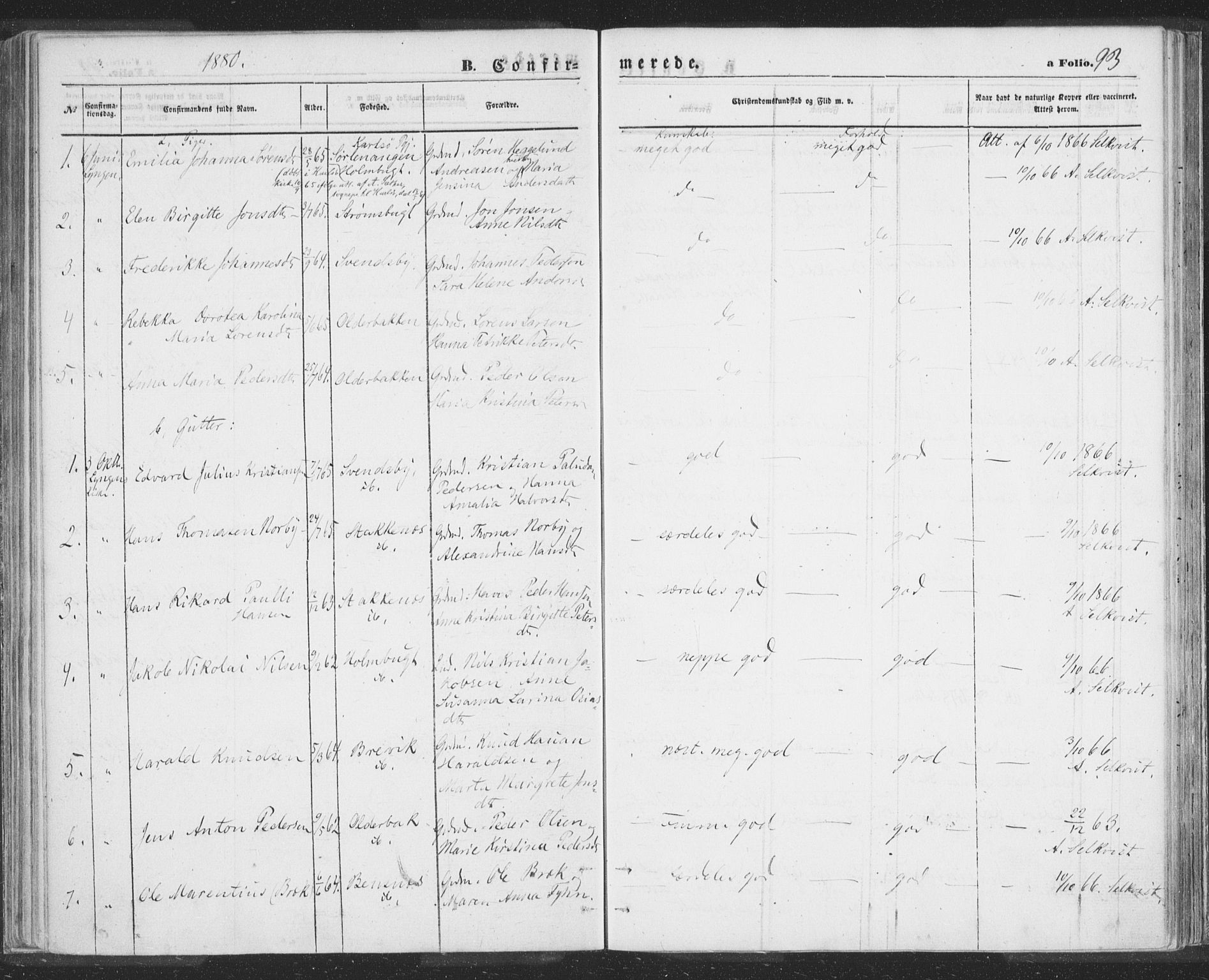 Lyngen sokneprestembete, AV/SATØ-S-1289/H/He/Hea/L0009kirke: Parish register (official) no. 9, 1864-1882, p. 93