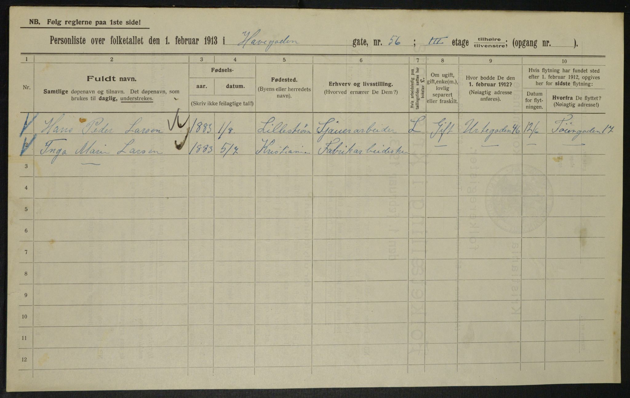 OBA, Municipal Census 1913 for Kristiania, 1913, p. 34053