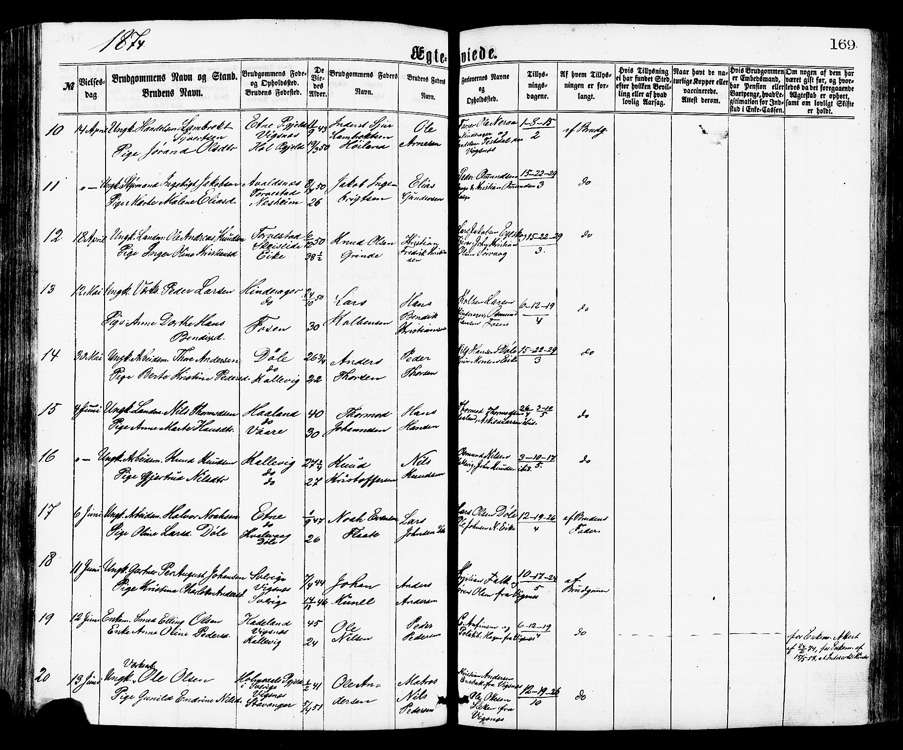 Avaldsnes sokneprestkontor, SAST/A -101851/H/Ha/Haa/L0012: Parish register (official) no. A 12, 1865-1880, p. 169