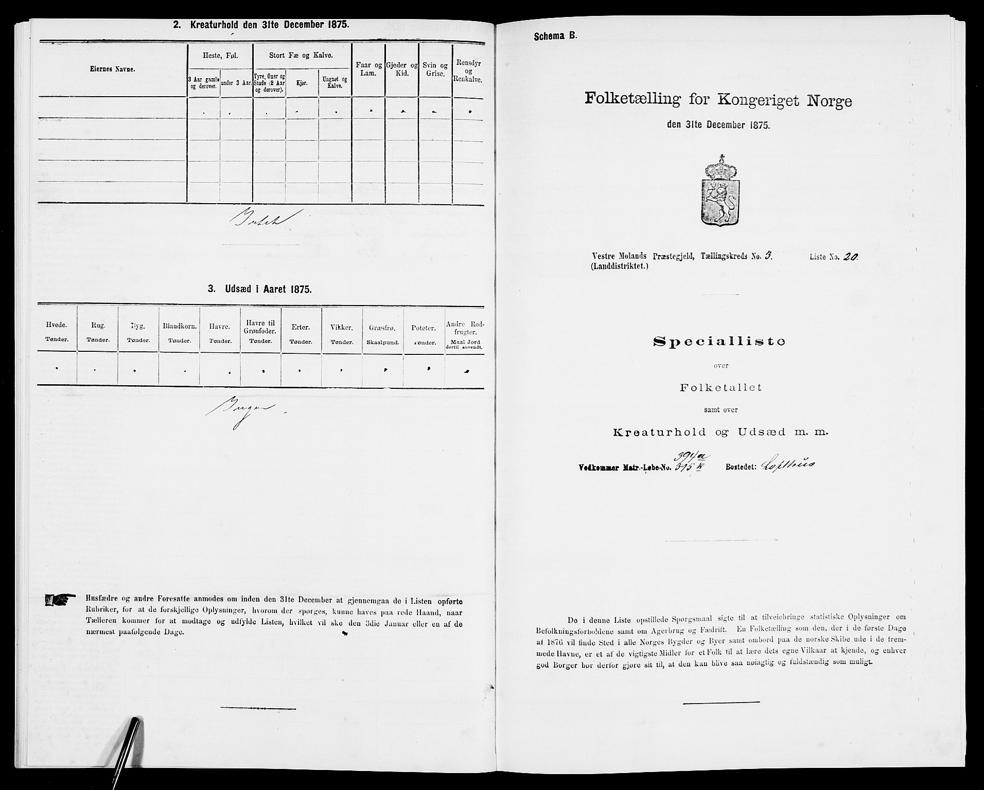 SAK, 1875 census for 0926L Vestre Moland/Vestre Moland, 1875, p. 431