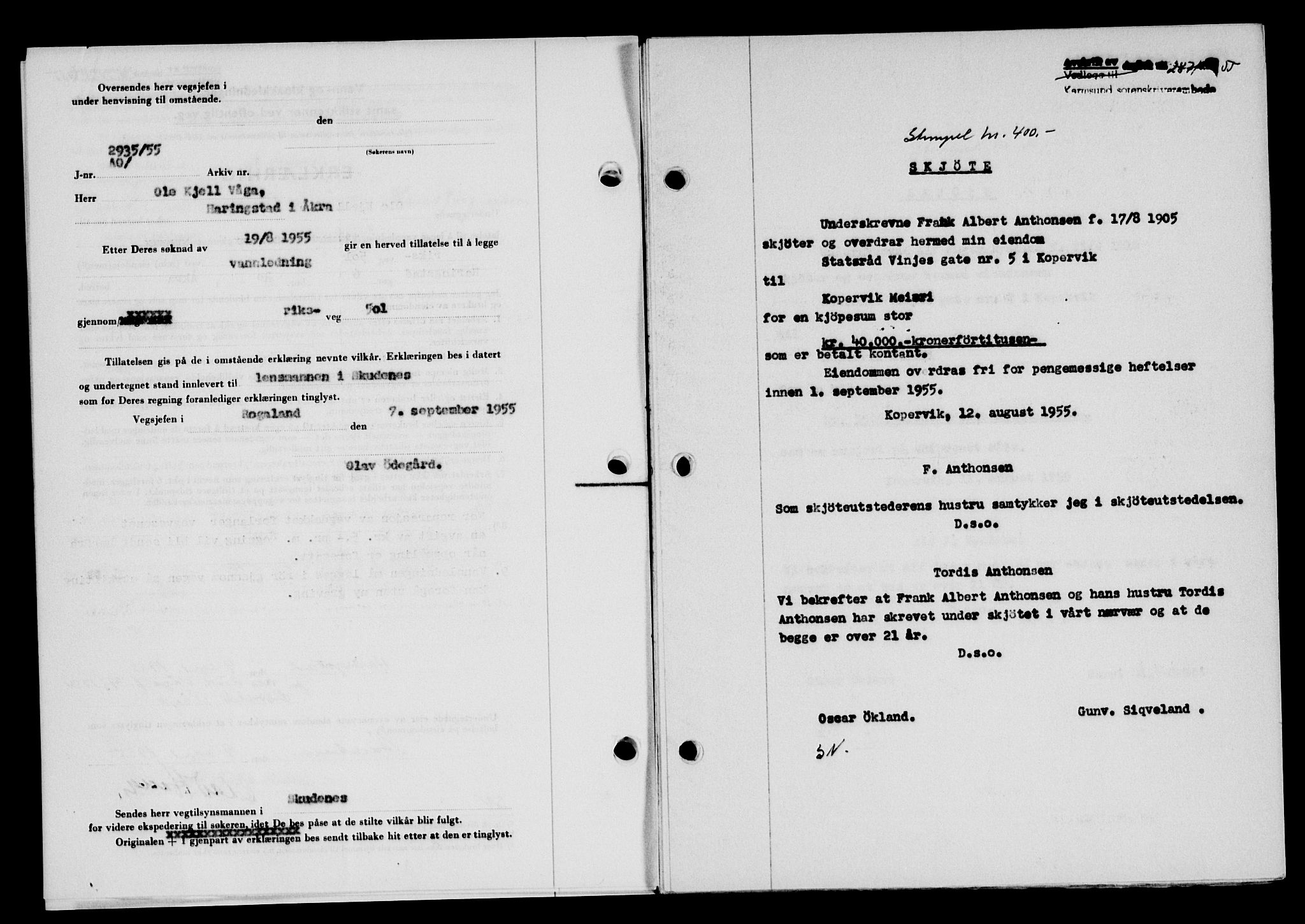 Karmsund sorenskriveri, SAST/A-100311/01/II/IIB/L0117: Mortgage book no. 97Aa, 1955-1955, Diary no: : 2871/1955