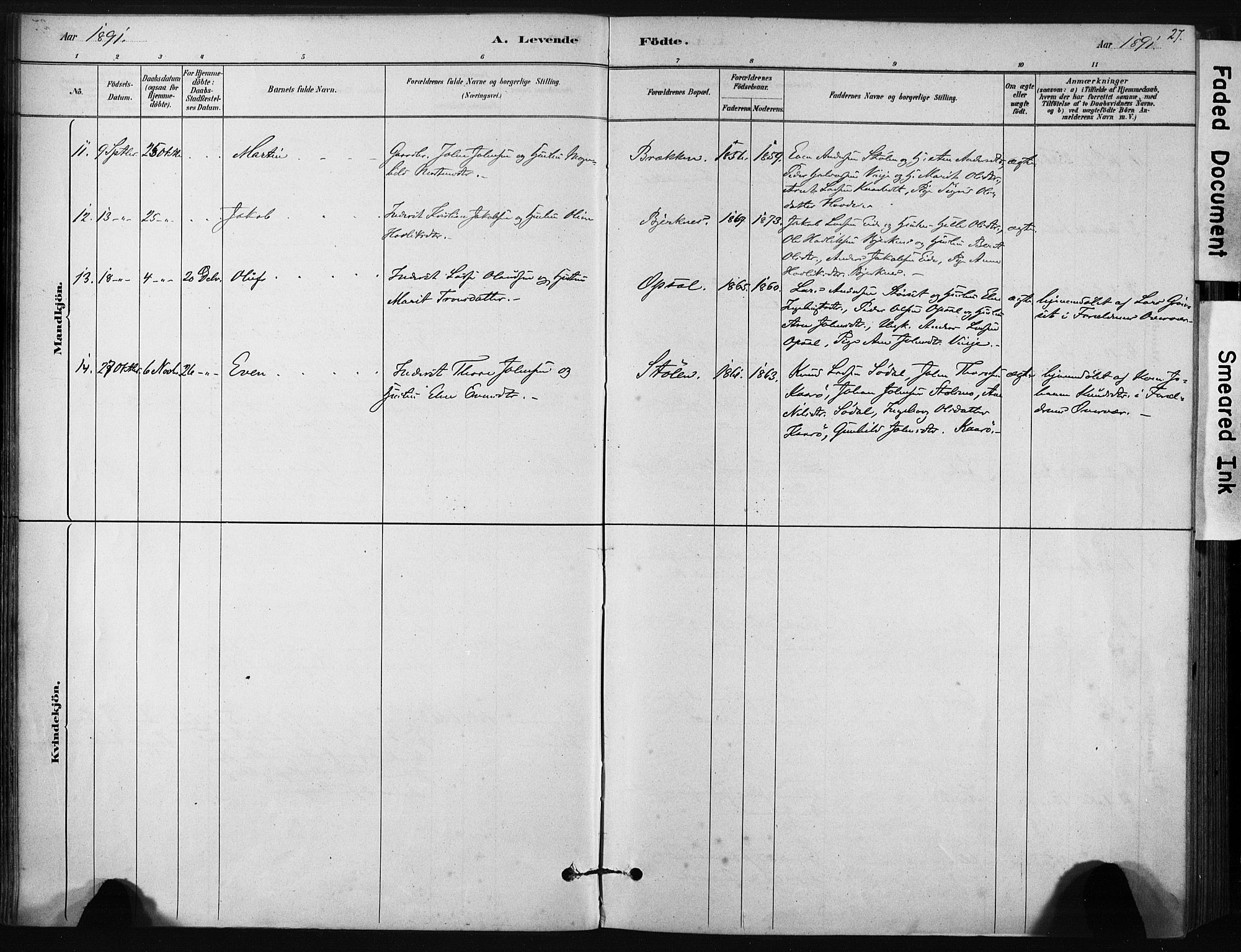 Ministerialprotokoller, klokkerbøker og fødselsregistre - Sør-Trøndelag, AV/SAT-A-1456/631/L0512: Parish register (official) no. 631A01, 1879-1912, p. 27