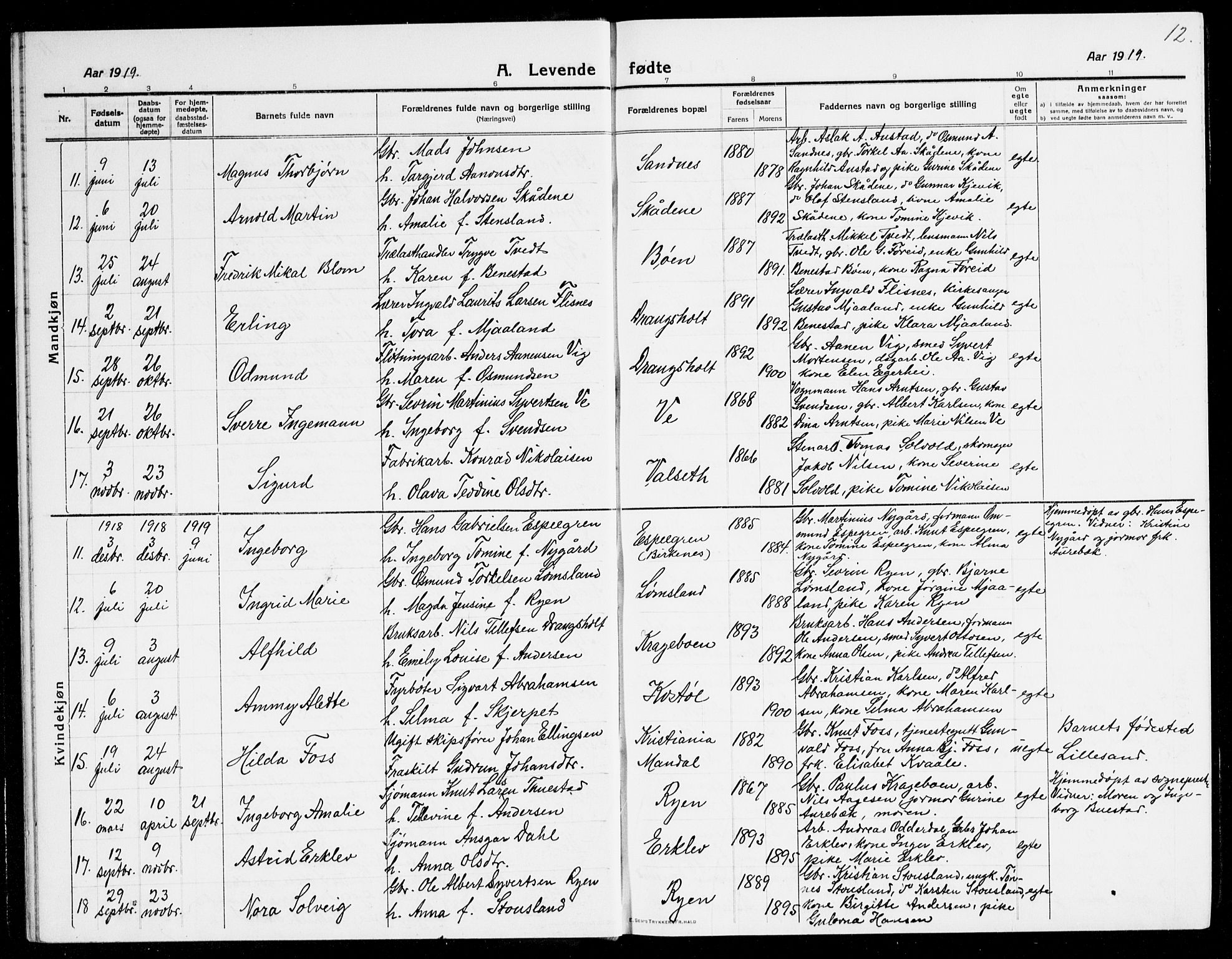 Tveit sokneprestkontor, AV/SAK-1111-0043/F/Fb/L0005: Parish register (copy) no. B 5, 1915-1941, p. 12
