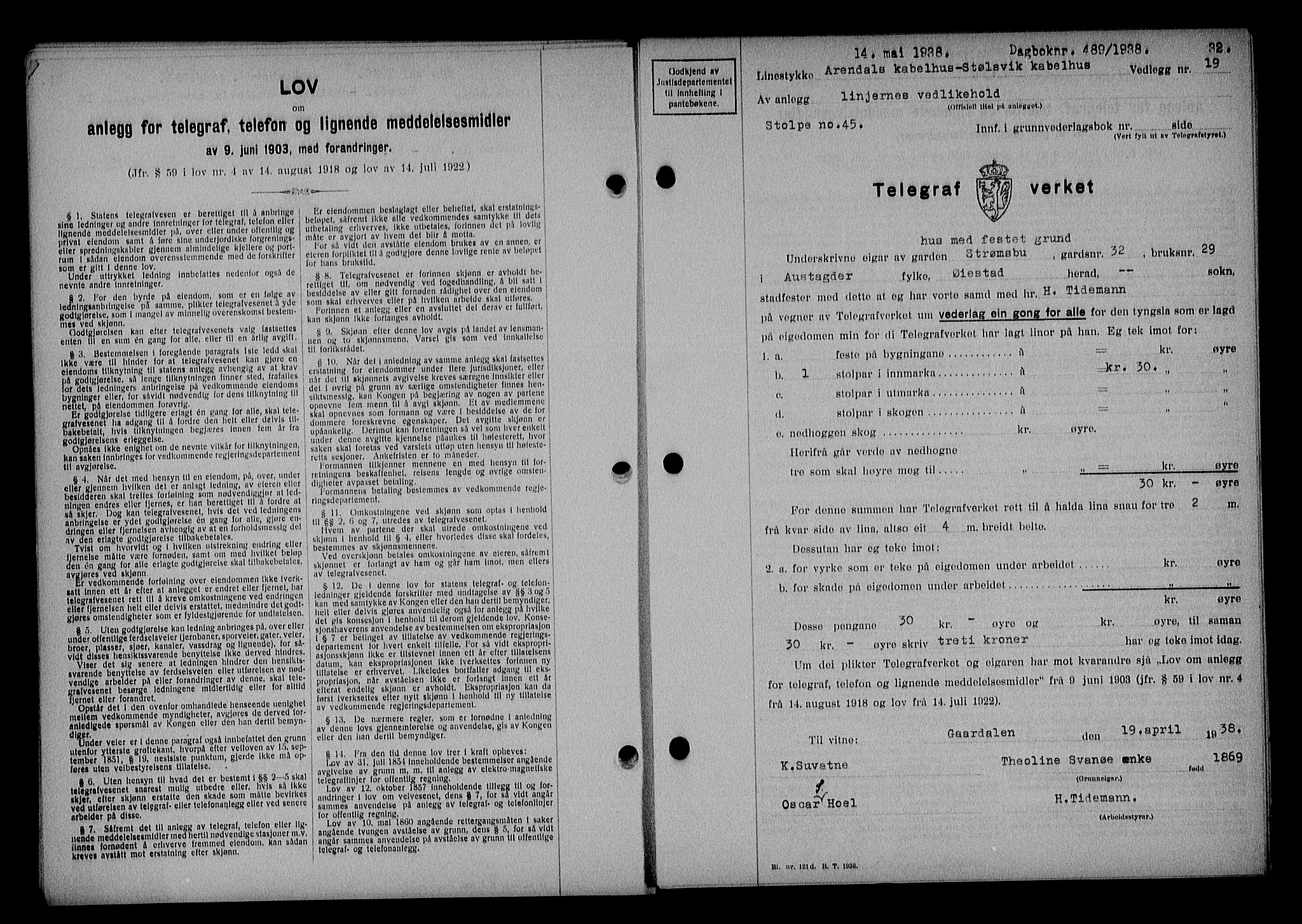 Nedenes sorenskriveri, SAK/1221-0006/G/Gb/Gba/L0045: Mortgage book no. 41, 1938-1938, Diary no: : 489/1938