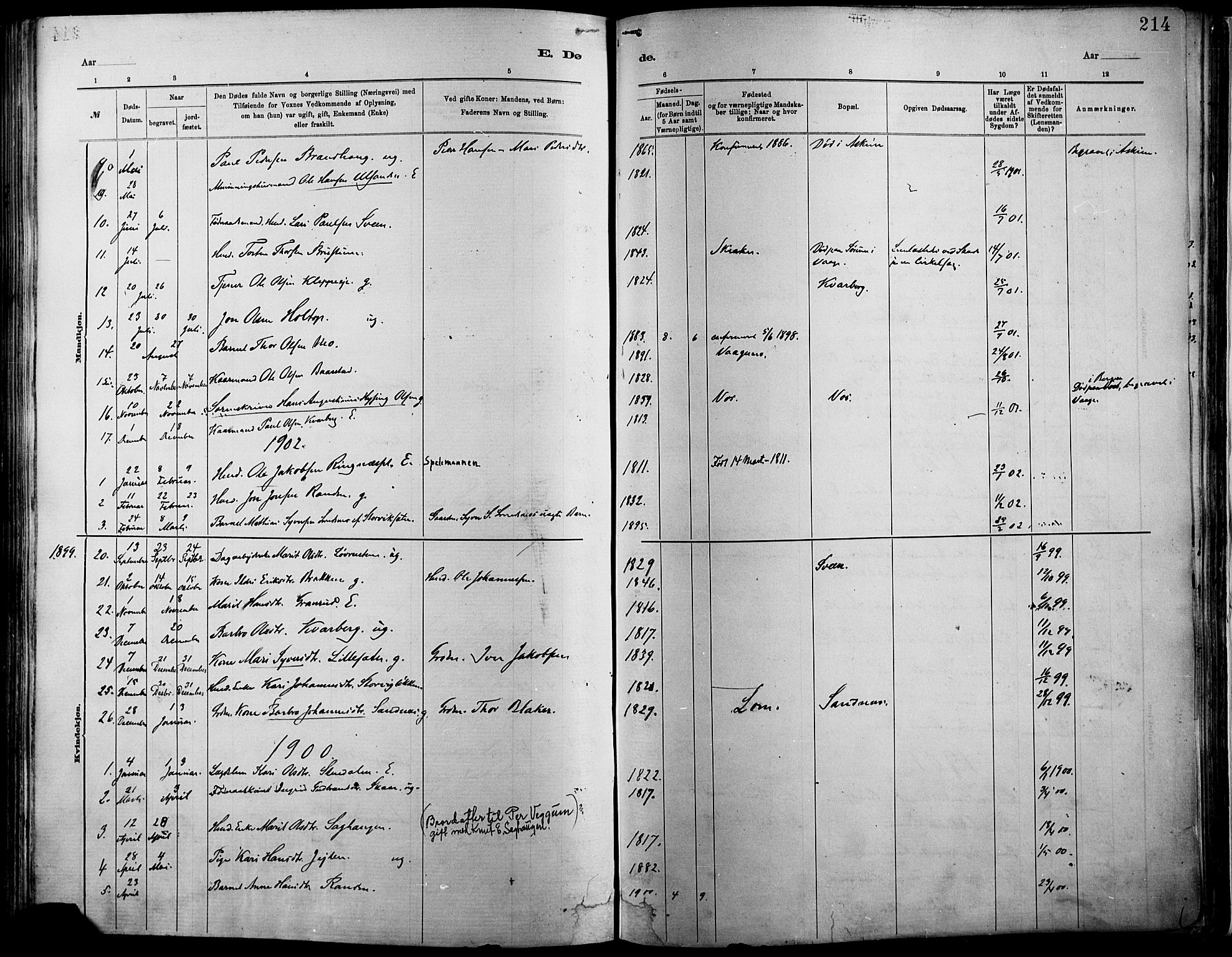 Vågå prestekontor, SAH/PREST-076/H/Ha/Haa/L0009: Parish register (official) no. 9, 1886-1904, p. 214