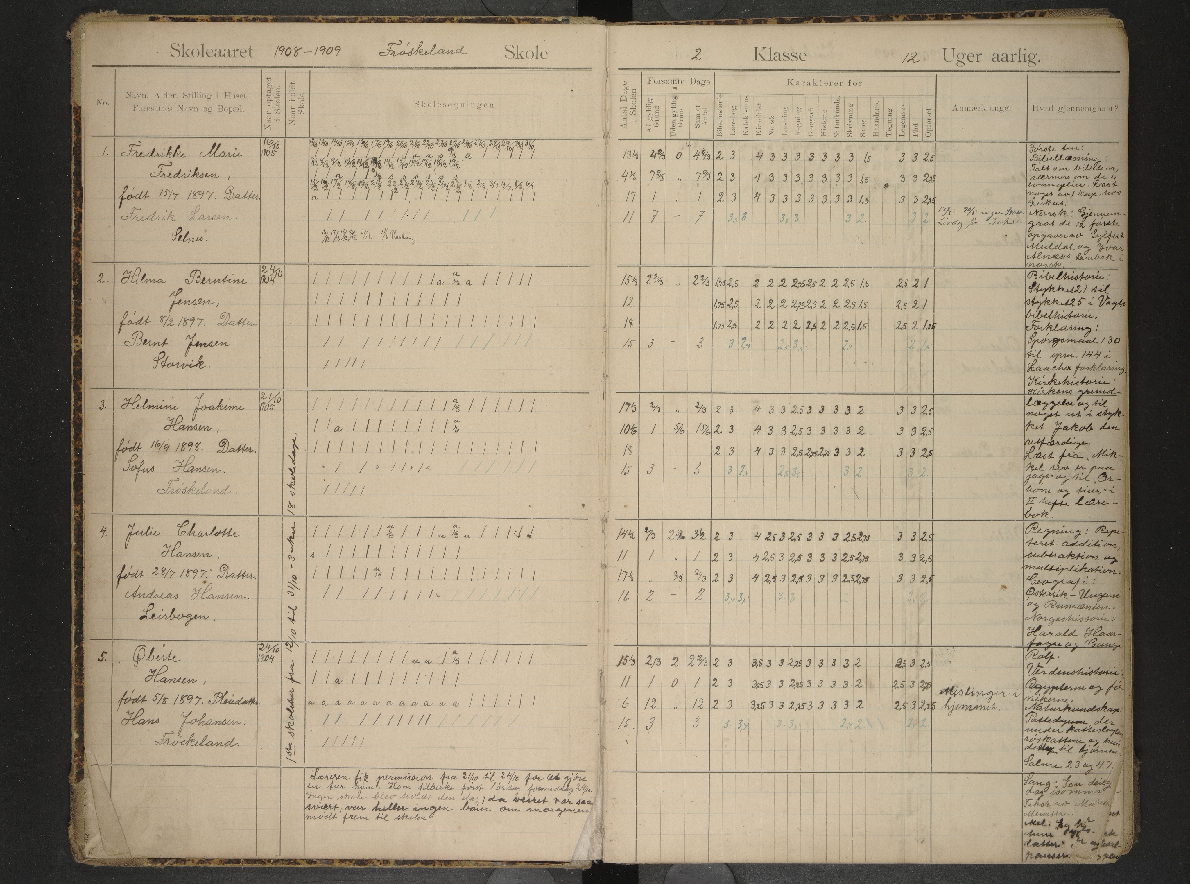 Hadsel kommune. Frøskeland skolekrets, AIN/K-18660.510.40/G/L0003: Skoleprotokoll for Frøskeland skole. 2. og 3. klasse, 1908-1920