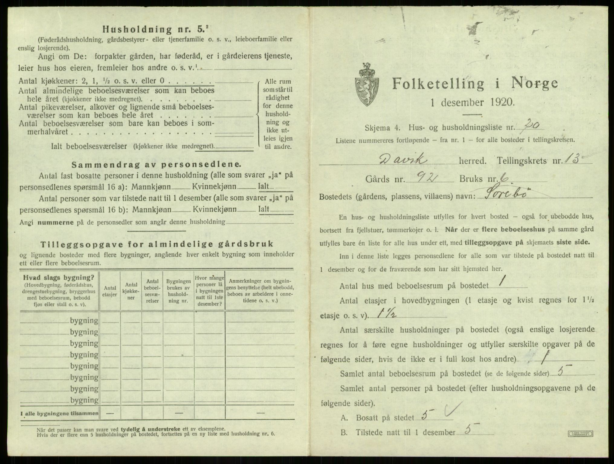 SAB, 1920 census for Davik, 1920, p. 874