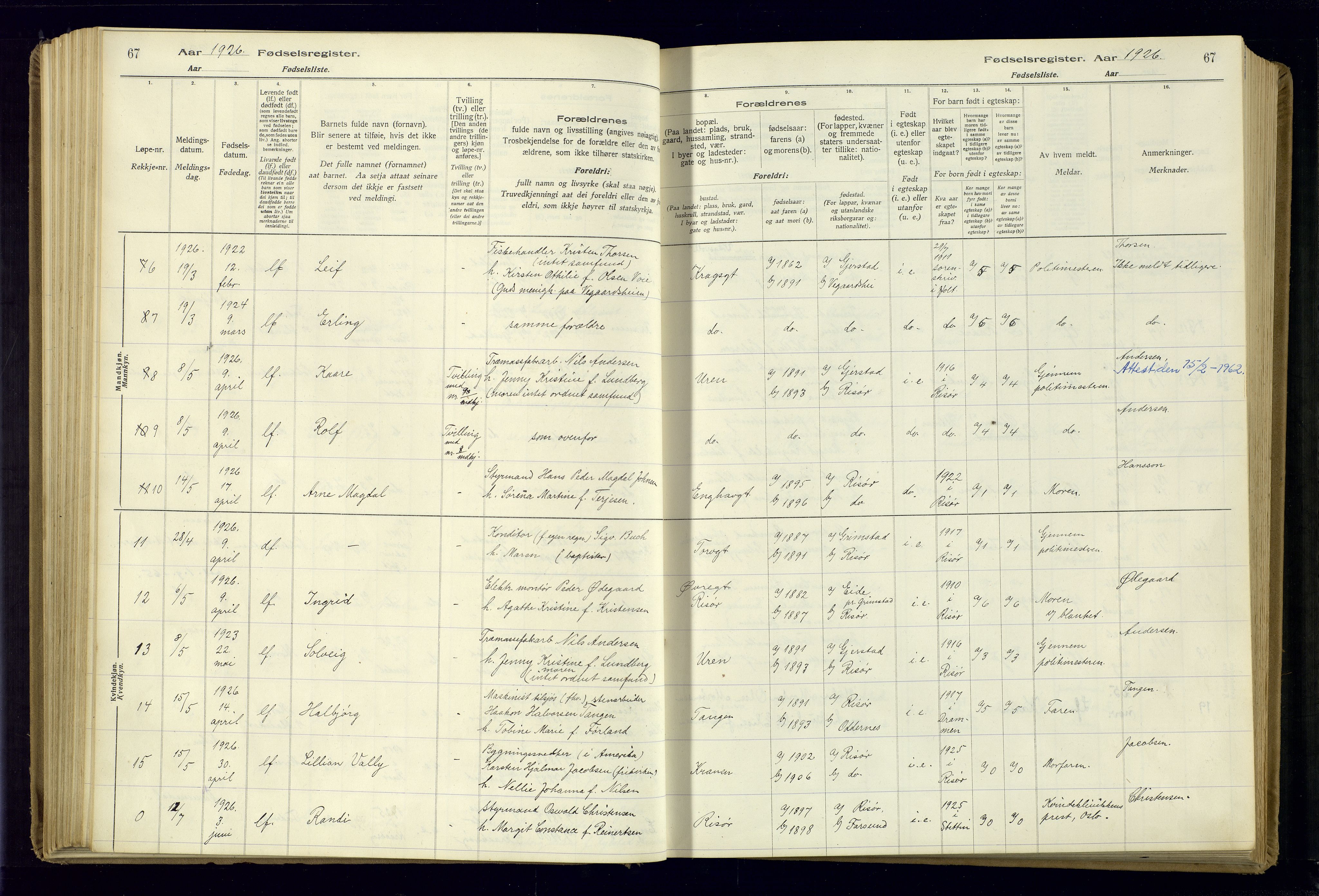 Risør sokneprestkontor, SAK/1111-0035/J/Ja/L0001: Birth register no. A-VI-13, 1916-1947, p. 67