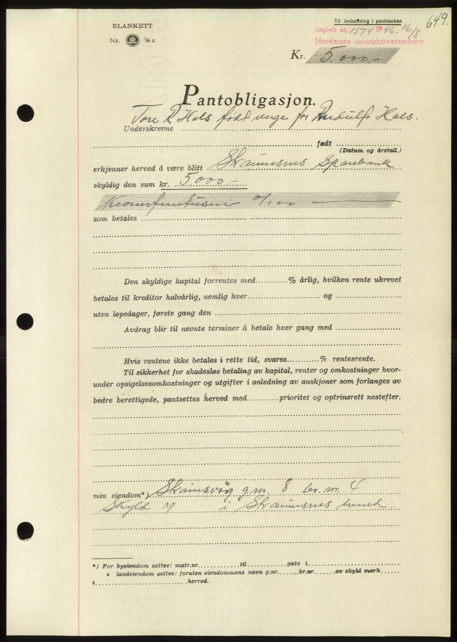 Nordmøre sorenskriveri, AV/SAT-A-4132/1/2/2Ca: Mortgage book no. B94, 1946-1946, Diary no: : 1574/1946