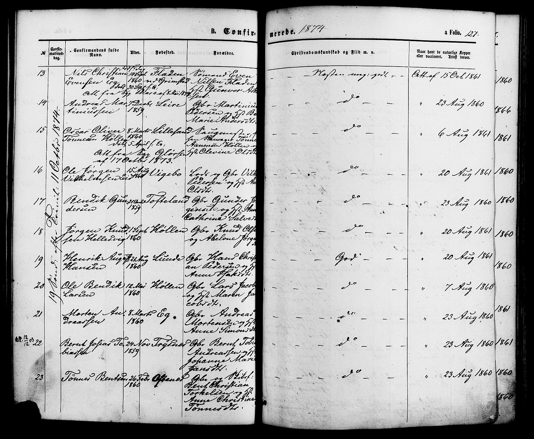 Søgne sokneprestkontor, AV/SAK-1111-0037/F/Fa/Fab/L0011: Parish register (official) no. A 11, 1869-1879, p. 127