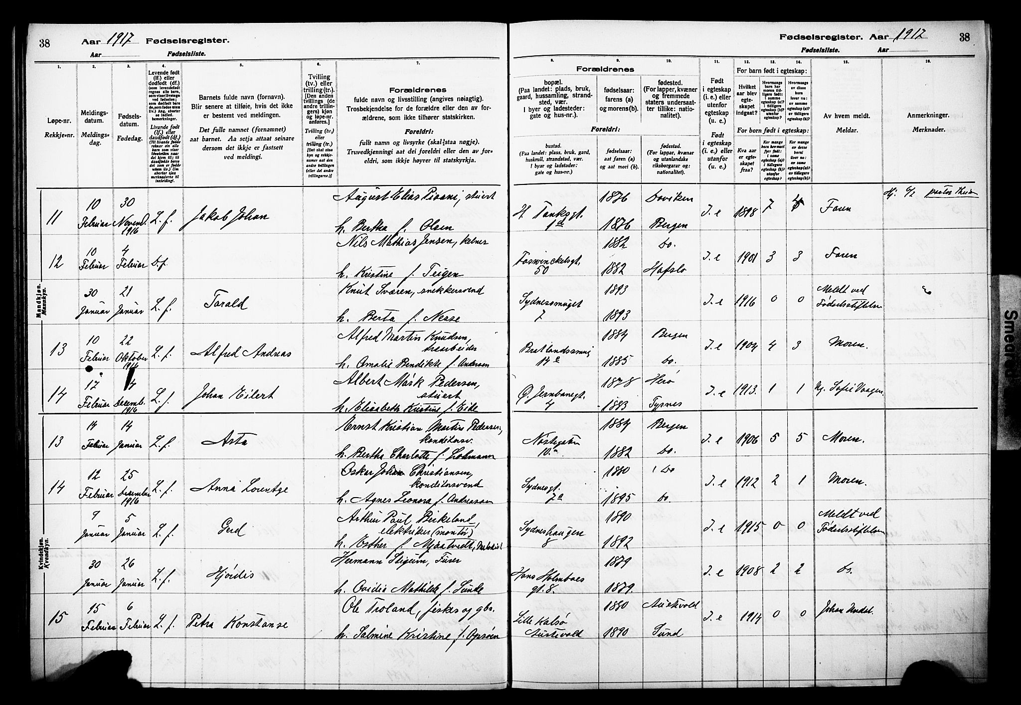 Johanneskirken sokneprestembete, AV/SAB-A-76001/I/Id/L00A1: Birth register no. A 1, 1916-1924, p. 38