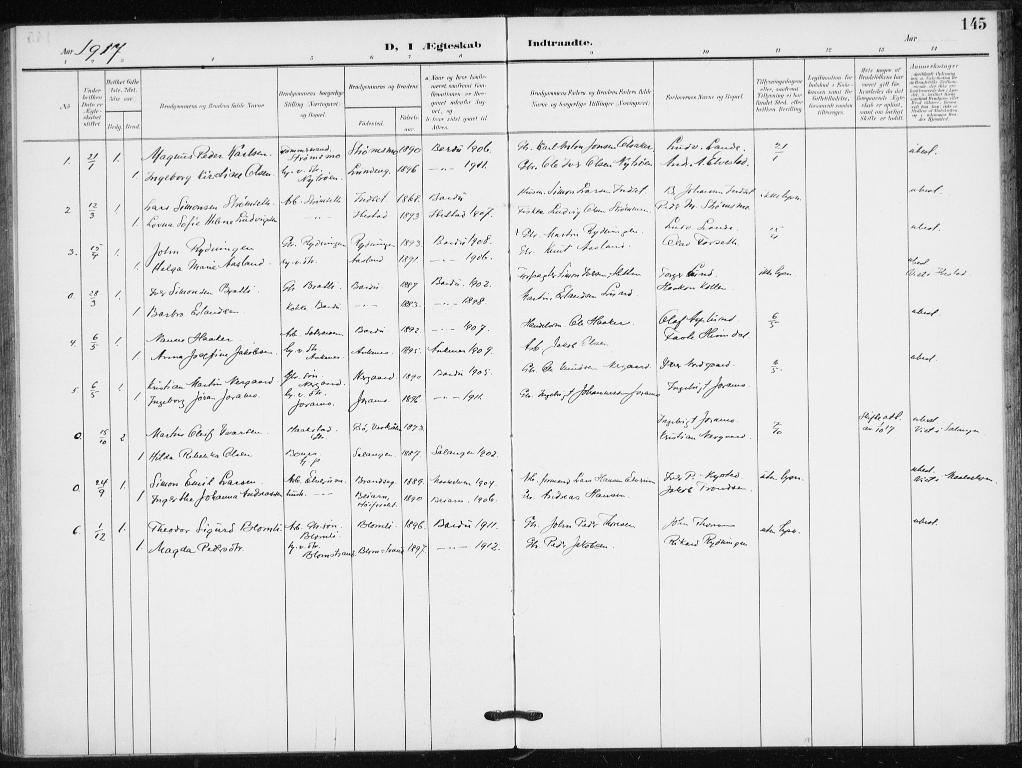 Målselv sokneprestembete, AV/SATØ-S-1311/G/Ga/Gaa/L0013kirke: Parish register (official) no. 13, 1903-1919, p. 145