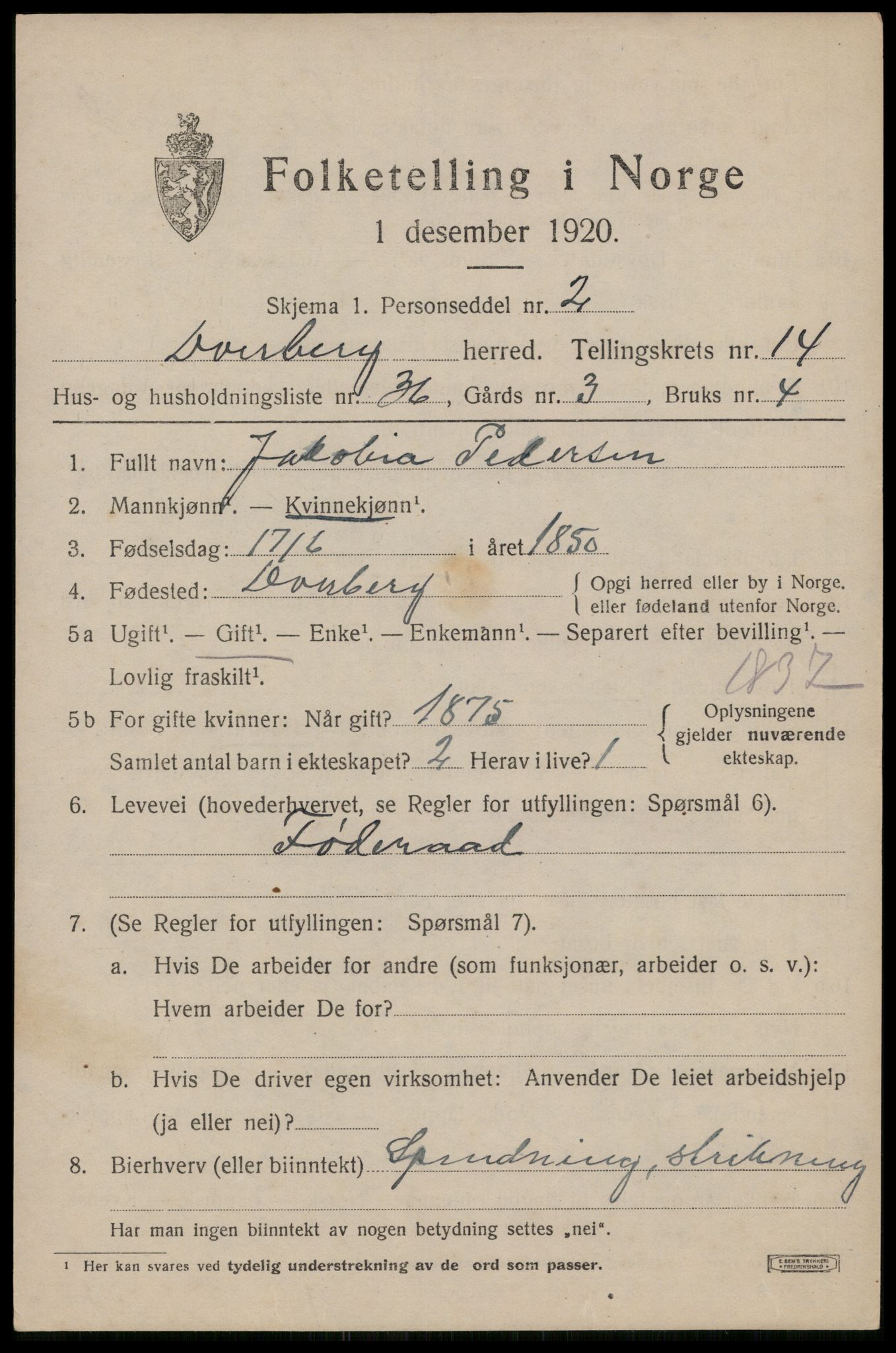 SAT, 1920 census for Dverberg, 1920, p. 10990