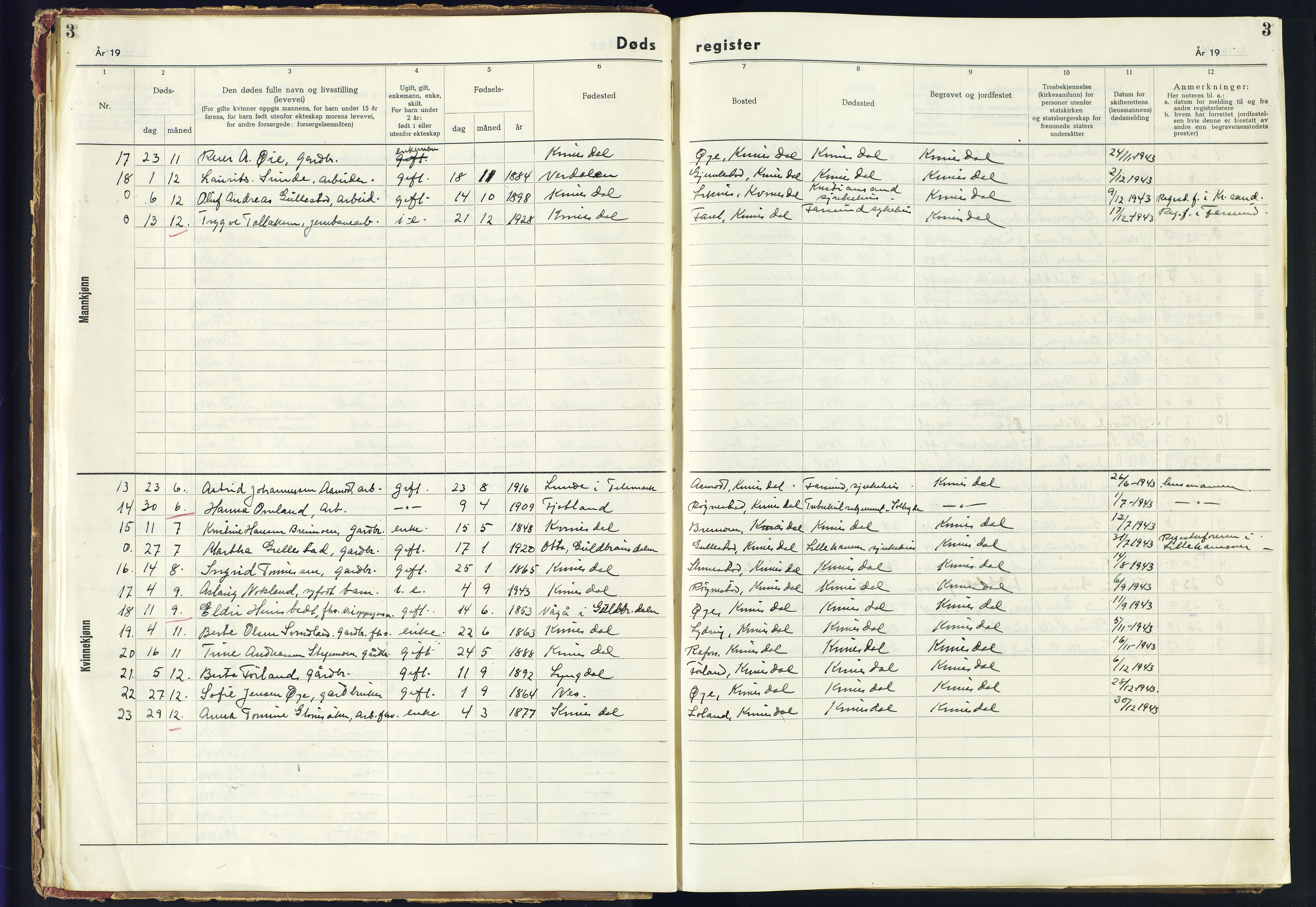 Kvinesdal sokneprestkontor, AV/SAK-1111-0026/J/Jb/L0006: II.6.6 - Dødsfallsregister Liknes, 1942-1945, p. 3