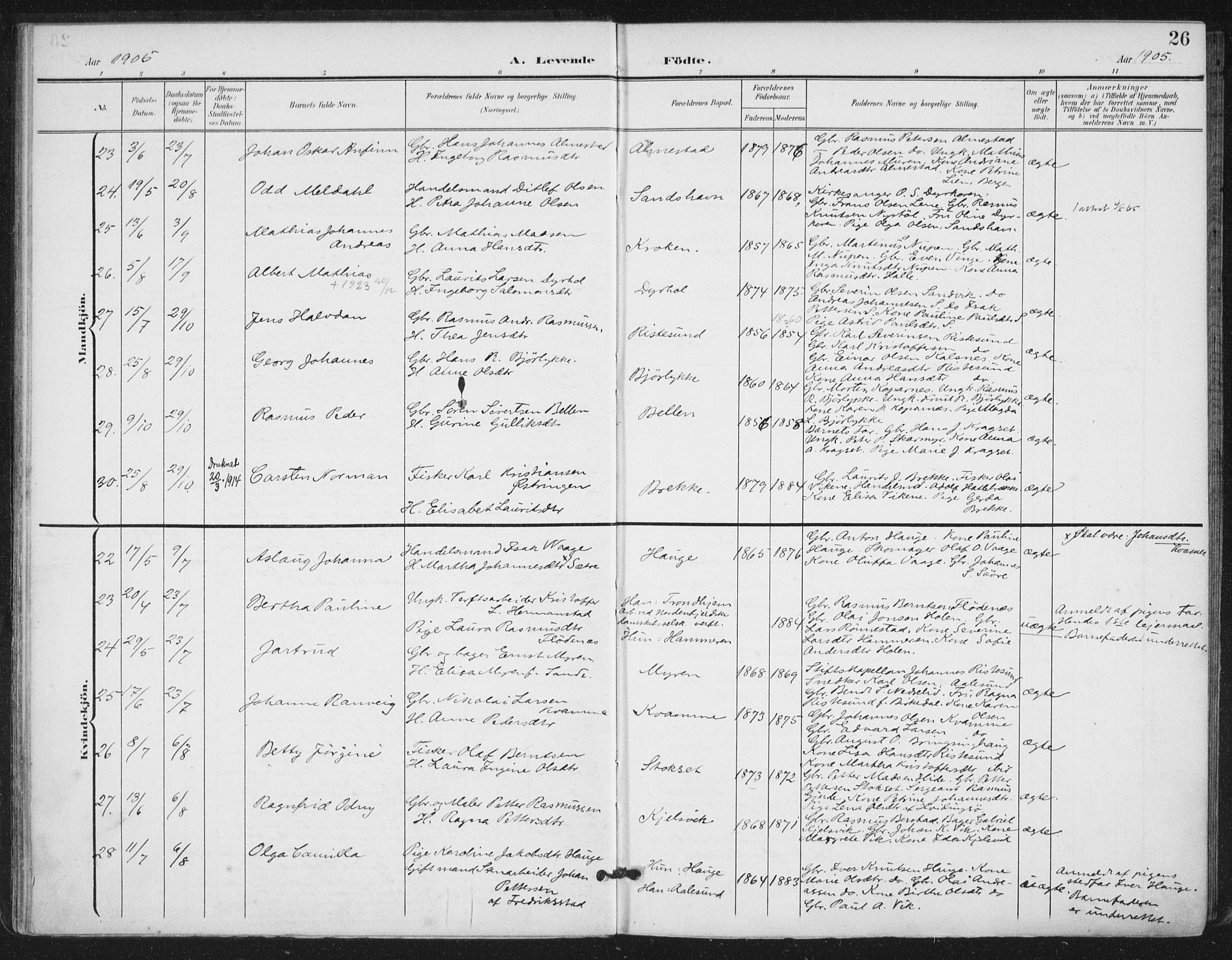 Ministerialprotokoller, klokkerbøker og fødselsregistre - Møre og Romsdal, AV/SAT-A-1454/503/L0038: Parish register (official) no. 503A06, 1901-1917, p. 26