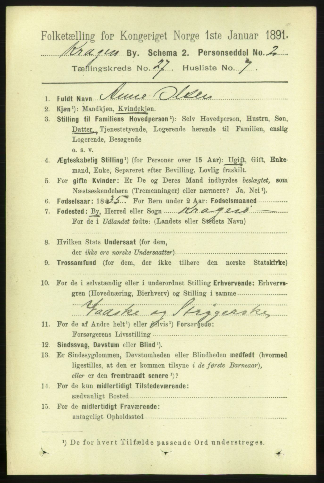 RA, 1891 census for 0801 Kragerø, 1891, p. 5329