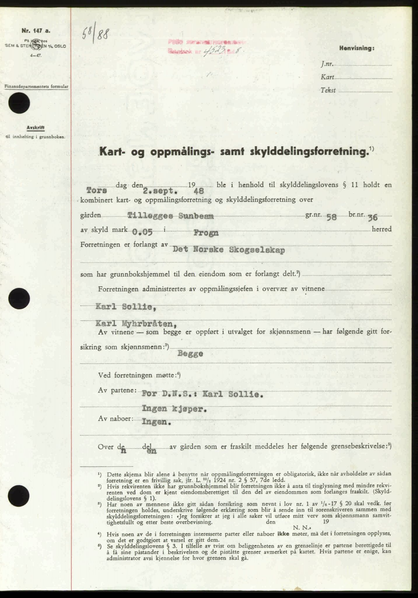 Follo sorenskriveri, SAO/A-10274/G/Ga/Gaa/L0085: Mortgage book no. I 85, 1948-1948, Diary no: : 4523/1948