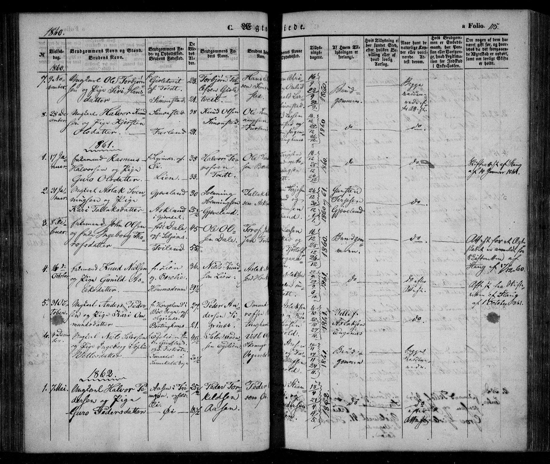 Åmli sokneprestkontor, AV/SAK-1111-0050/F/Fa/Fac/L0008: Parish register (official) no. A 8, 1852-1869, p. 115