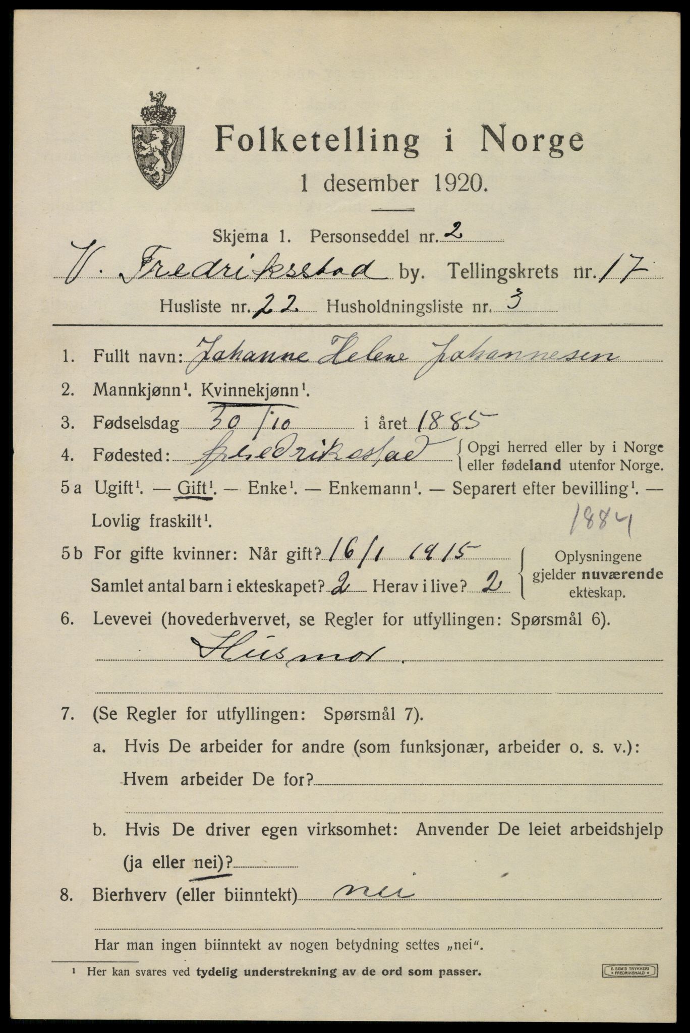 SAO, 1920 census for Fredrikstad, 1920, p. 39215