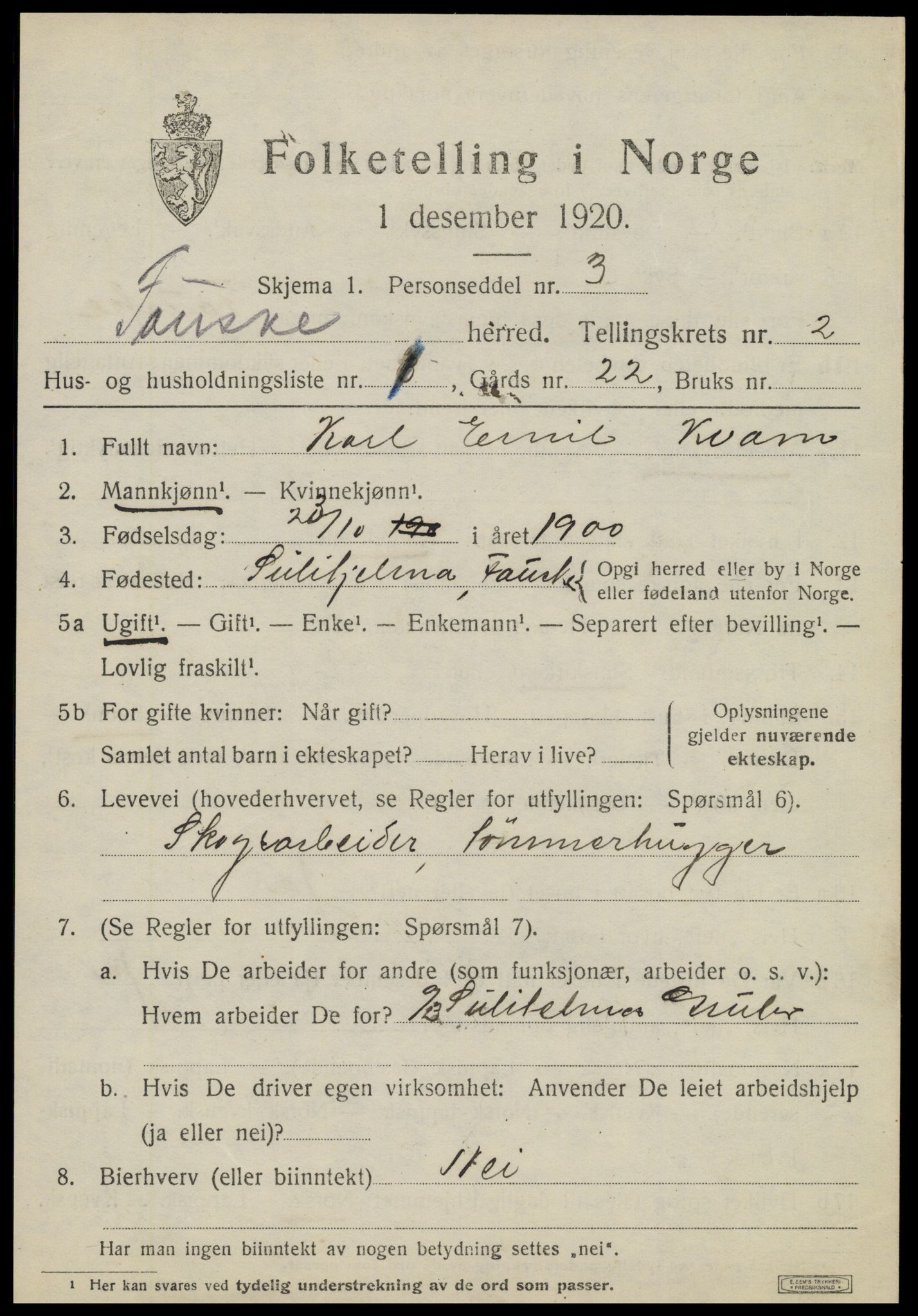 SAT, 1920 census for Fauske, 1920, p. 2904