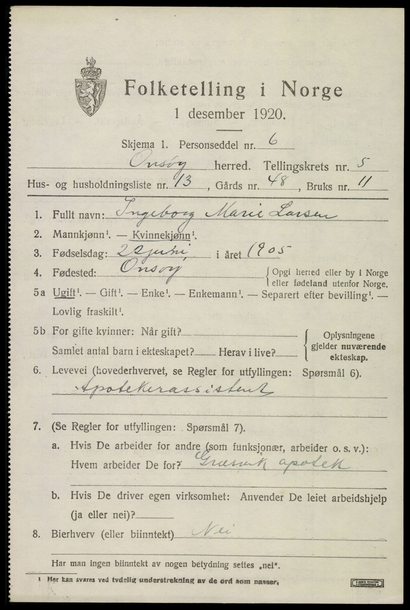 SAO, 1920 census for Onsøy, 1920, p. 6610