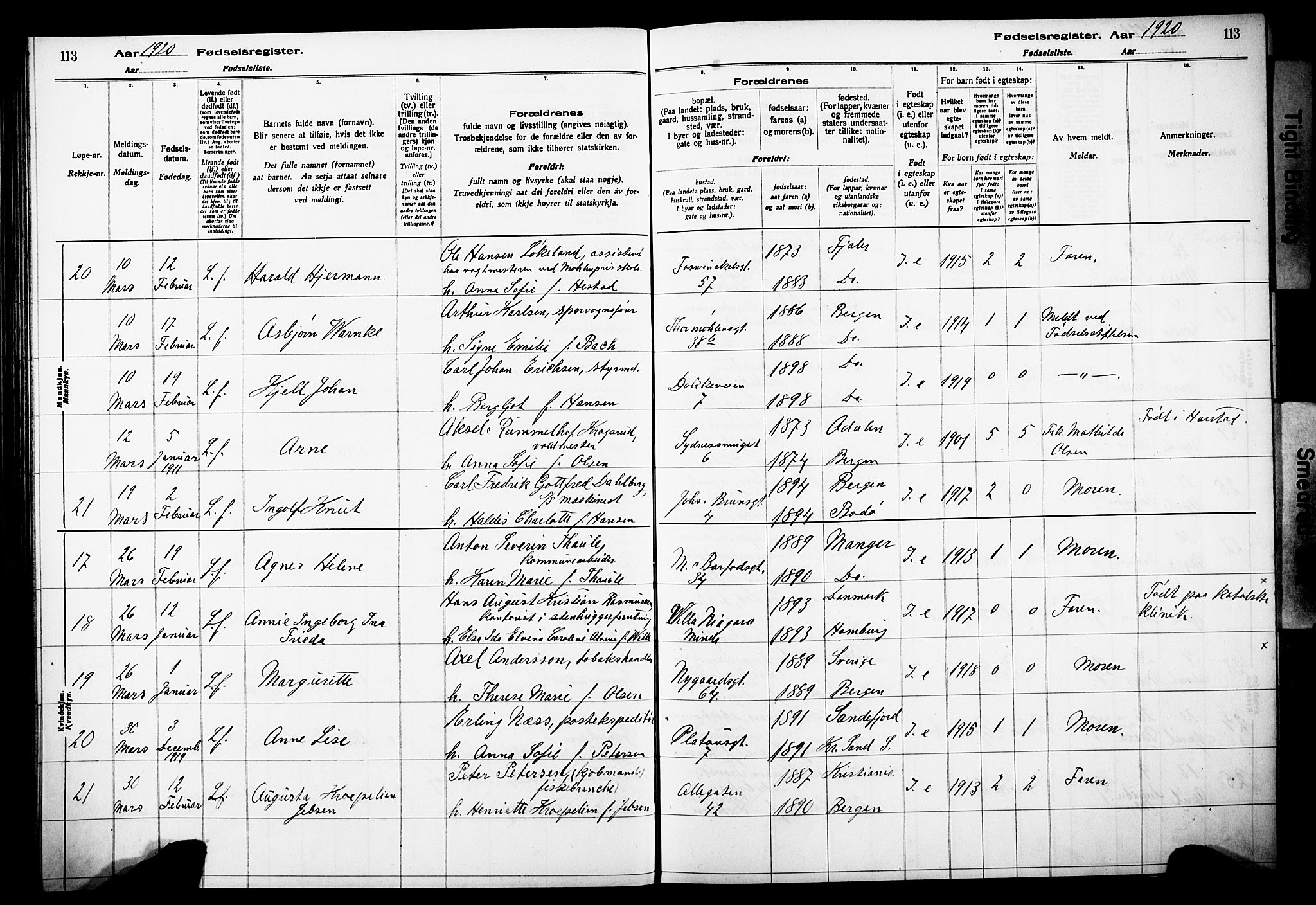 Johanneskirken sokneprestembete, AV/SAB-A-76001/I/Id/L00A1: Birth register no. A 1, 1916-1924, p. 113