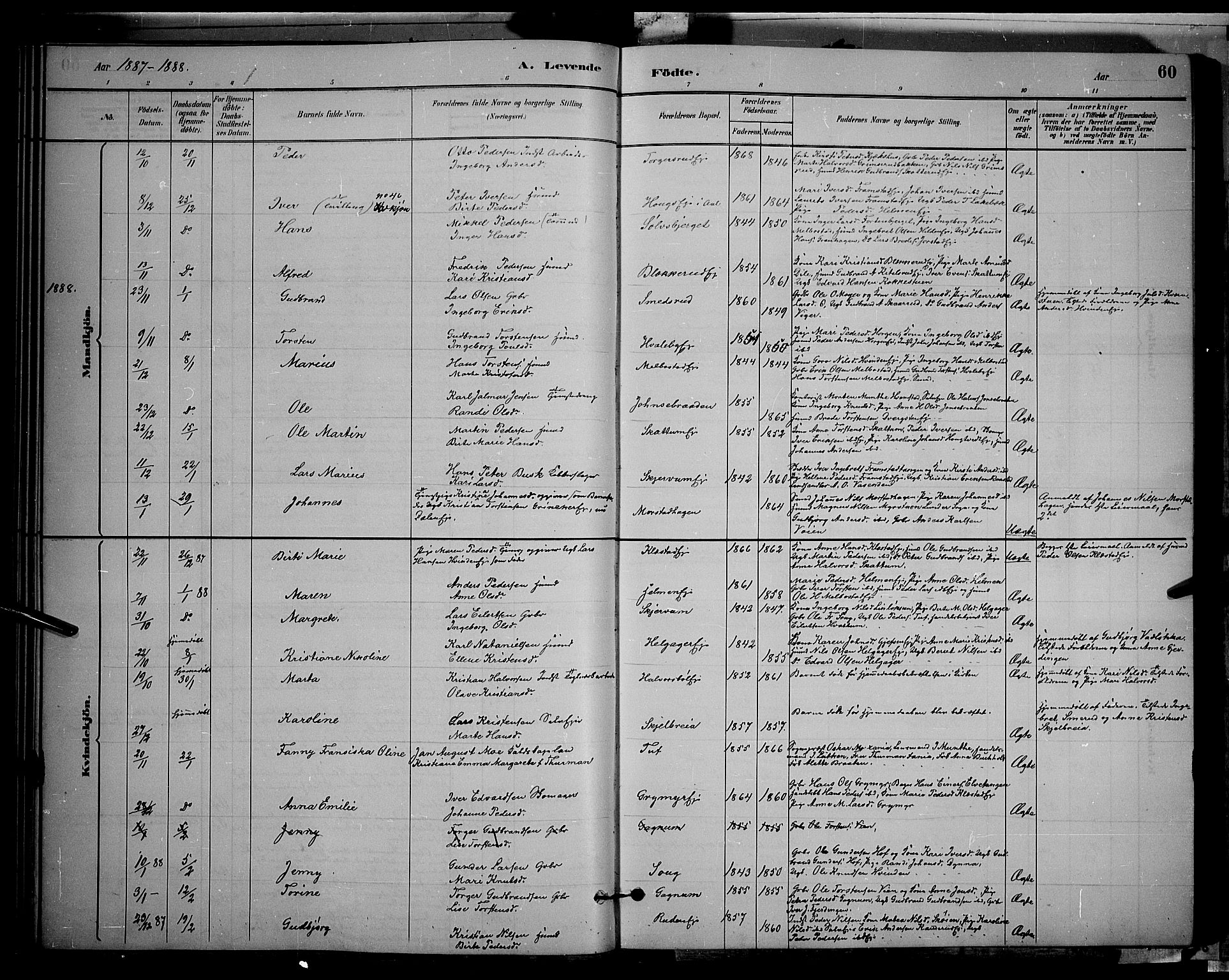 Gran prestekontor, SAH/PREST-112/H/Ha/Hab/L0002: Parish register (copy) no. 2, 1879-1892, p. 60