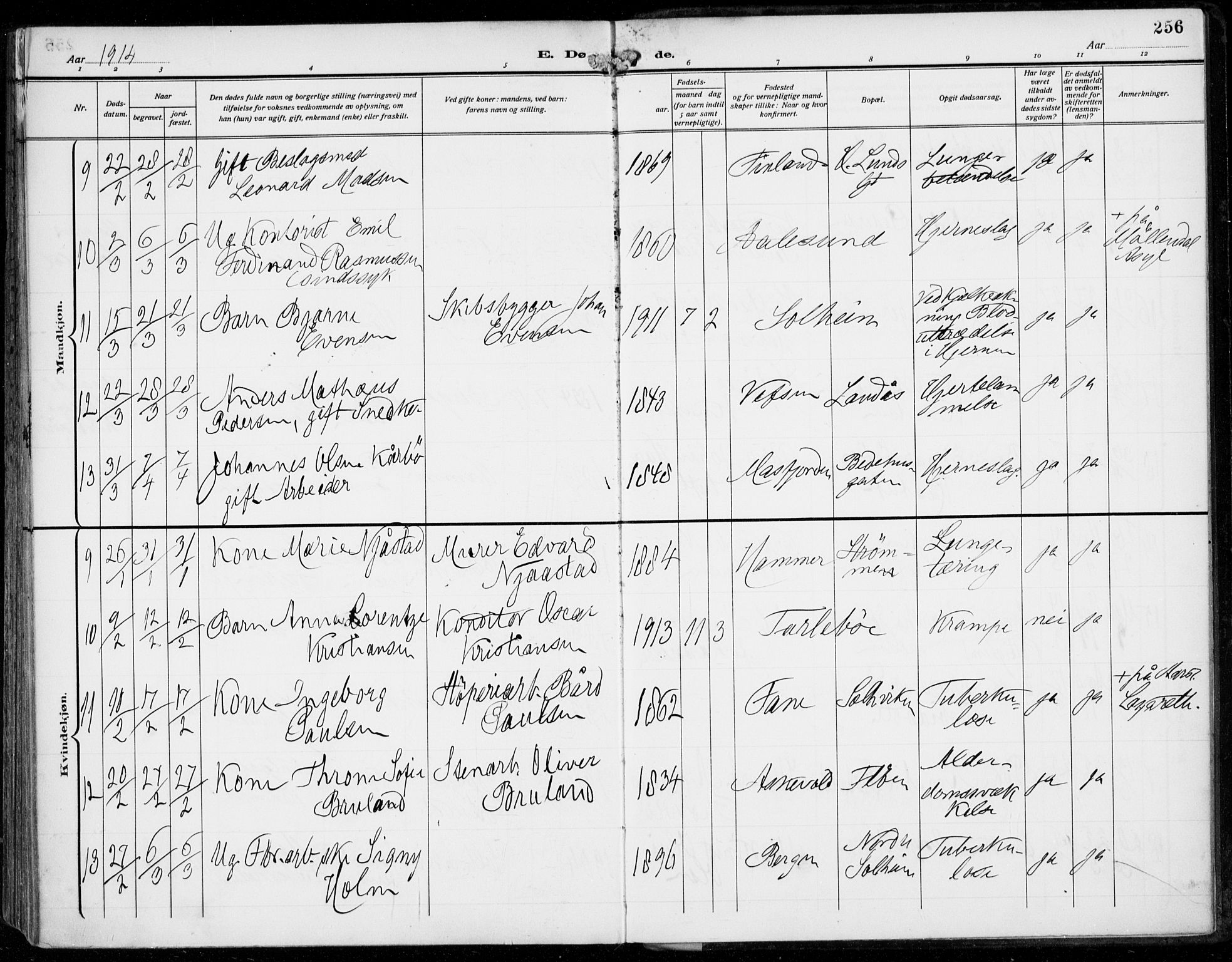 Årstad Sokneprestembete, AV/SAB-A-79301/H/Haa/L0009: Parish register (official) no. C 1, 1902-1918, p. 256