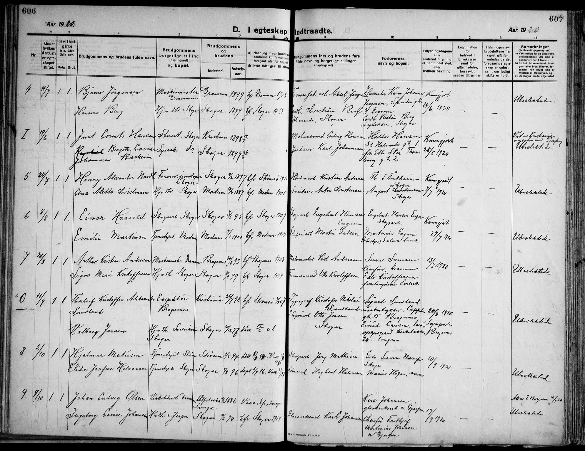 Skoger kirkebøker, AV/SAKO-A-59/F/Fa/L0007: Parish register (official) no. I 7, 1911-1936, p. 606-607