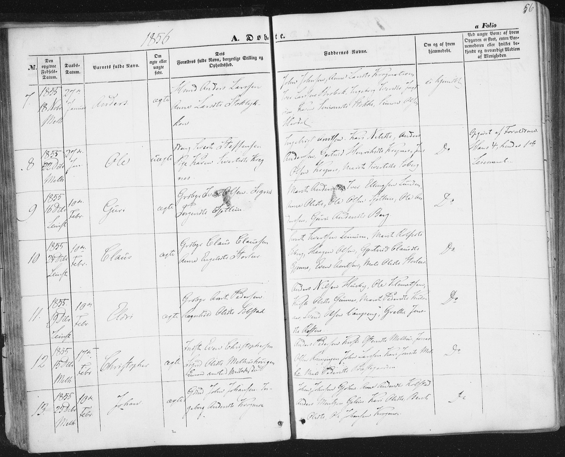 Ministerialprotokoller, klokkerbøker og fødselsregistre - Sør-Trøndelag, SAT/A-1456/691/L1076: Parish register (official) no. 691A08, 1852-1861, p. 56
