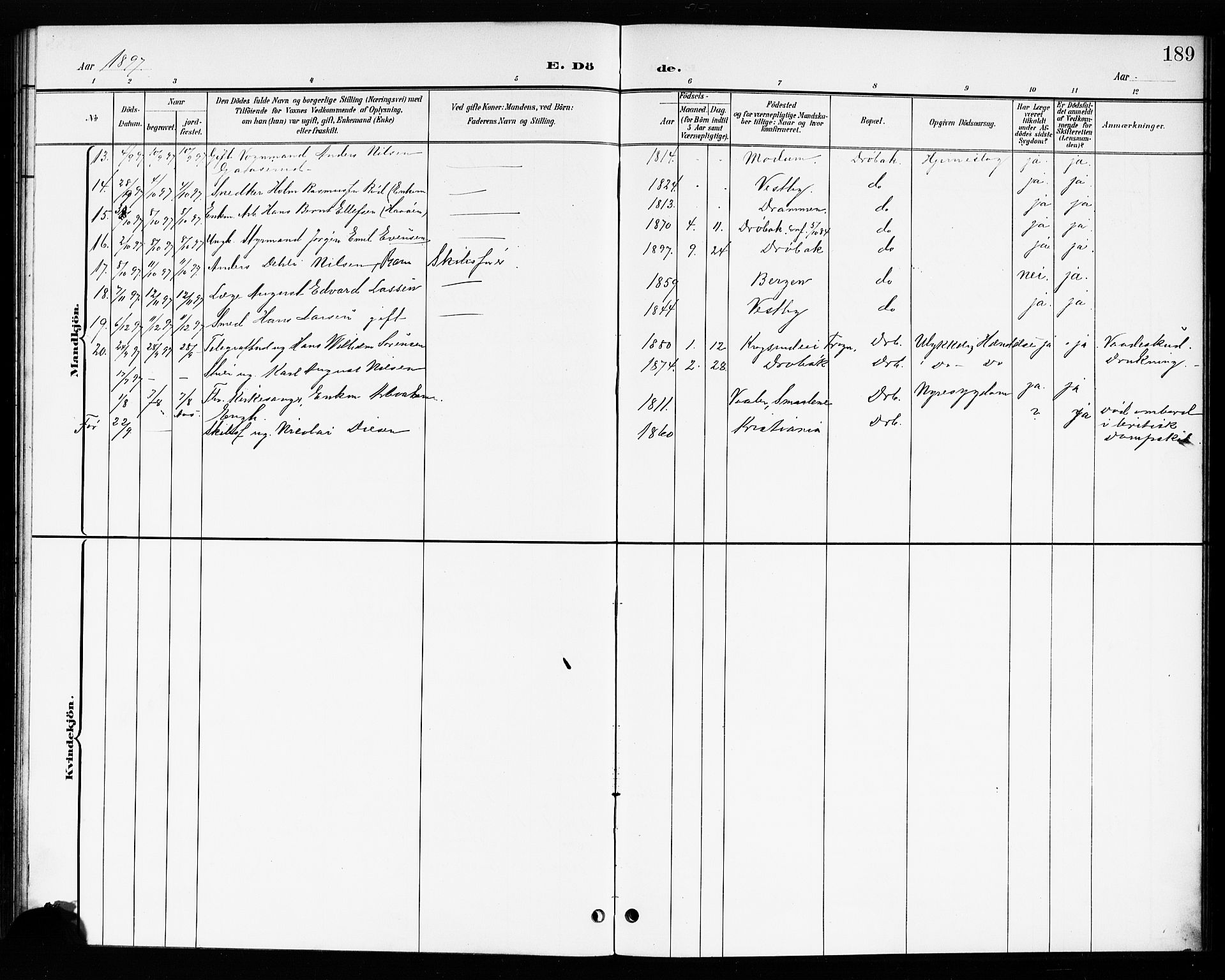 Drøbak prestekontor Kirkebøker, SAO/A-10142a/G/Ga/L0001: Parish register (copy) no. I 1, 1897-1917, p. 189