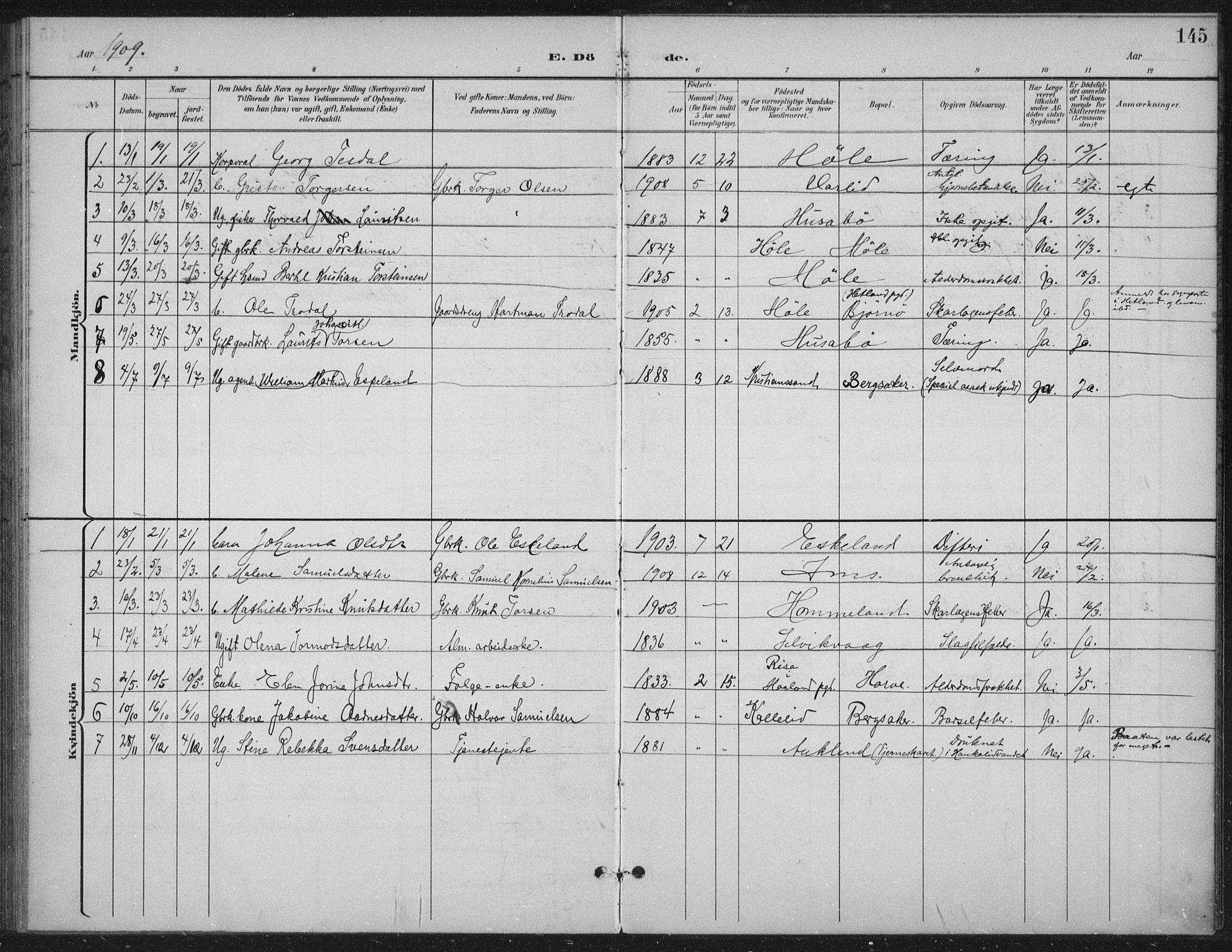 Høgsfjord sokneprestkontor, AV/SAST-A-101624/H/Ha/Haa/L0008: Parish register (official) no. A 8, 1898-1920, p. 145