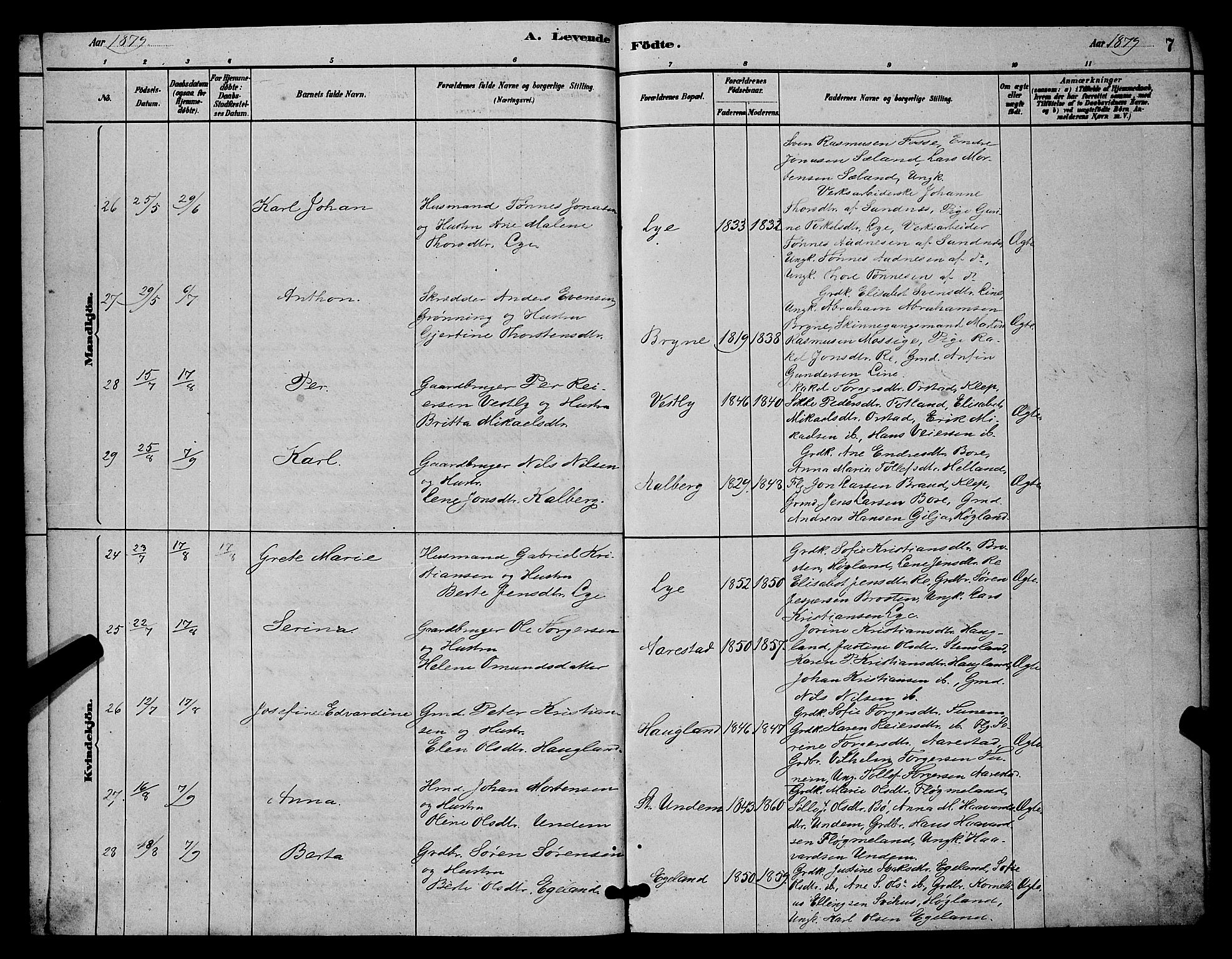 Lye sokneprestkontor, AV/SAST-A-101794/001/30BB/L0006: Parish register (copy) no. B 6, 1879-1888, p. 7