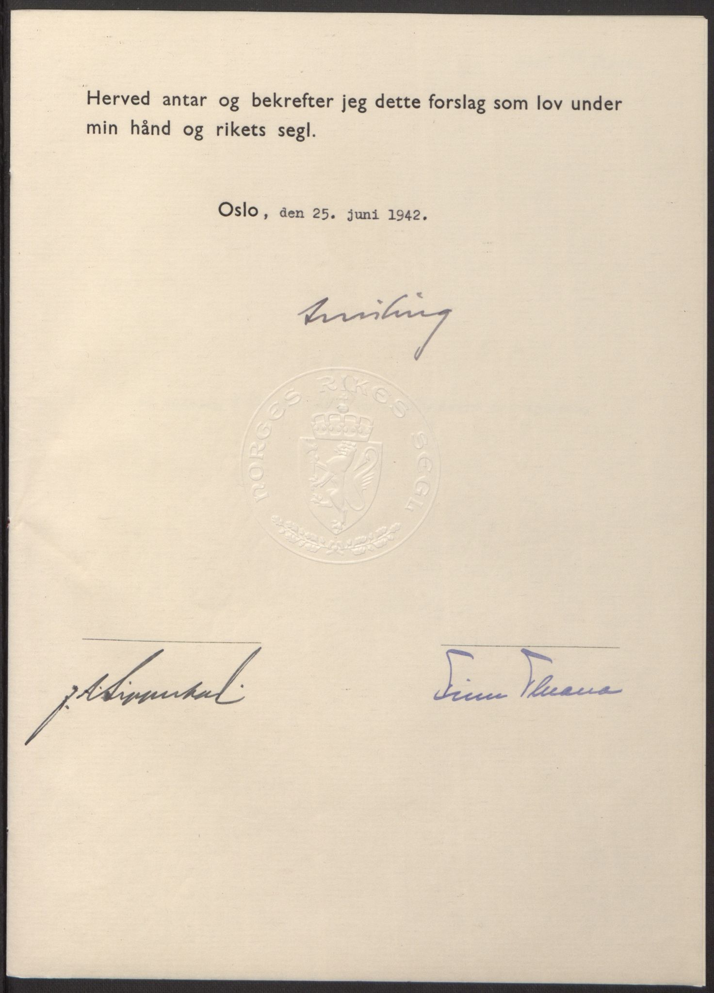 NS-administrasjonen 1940-1945 (Statsrådsekretariatet, de kommisariske statsråder mm), RA/S-4279/D/Db/L0098: Lover II, 1942, p. 149