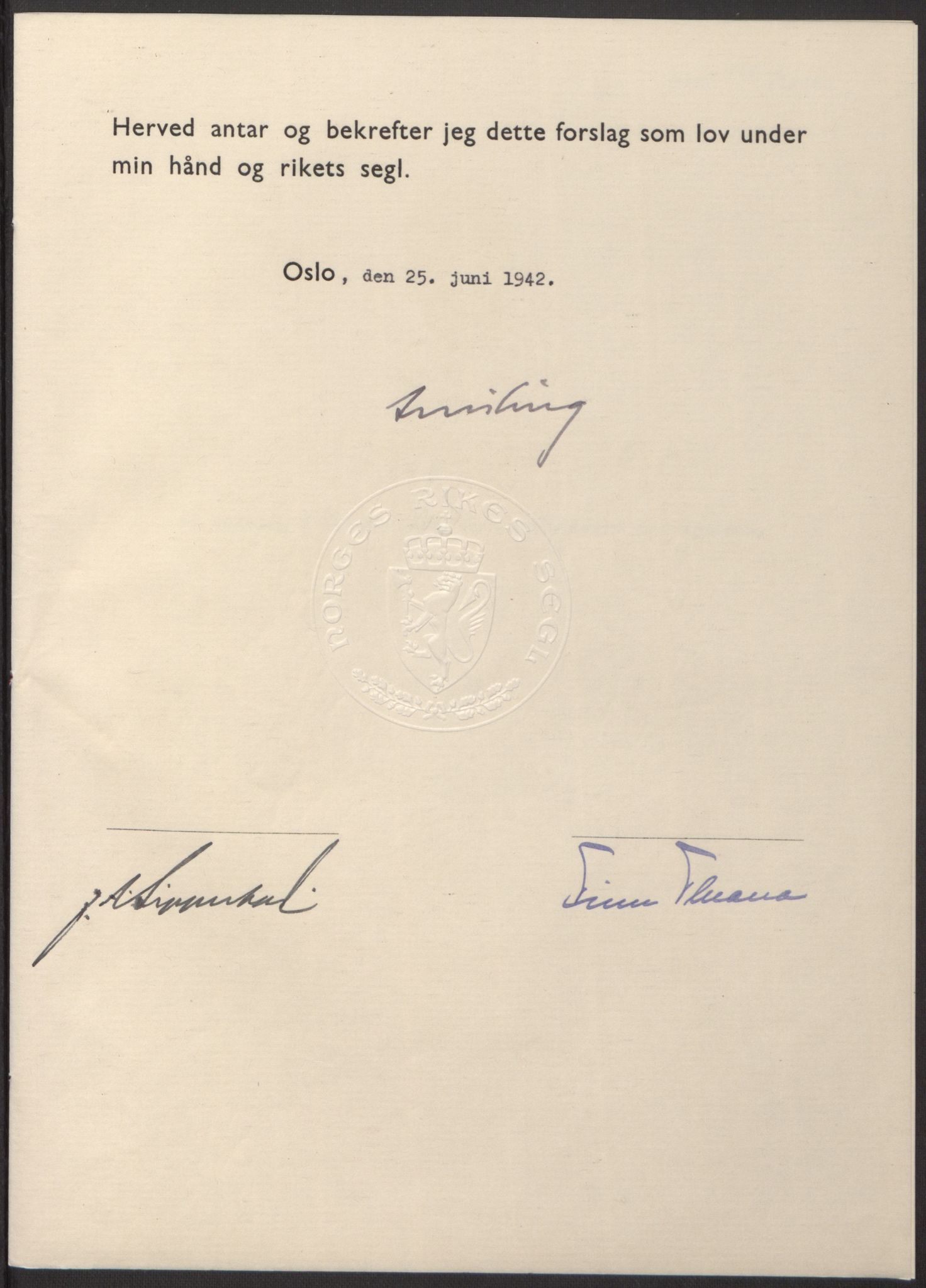 NS-administrasjonen 1940-1945 (Statsrådsekretariatet, de kommisariske statsråder mm), AV/RA-S-4279/D/Db/L0098: Lover II, 1942, p. 149