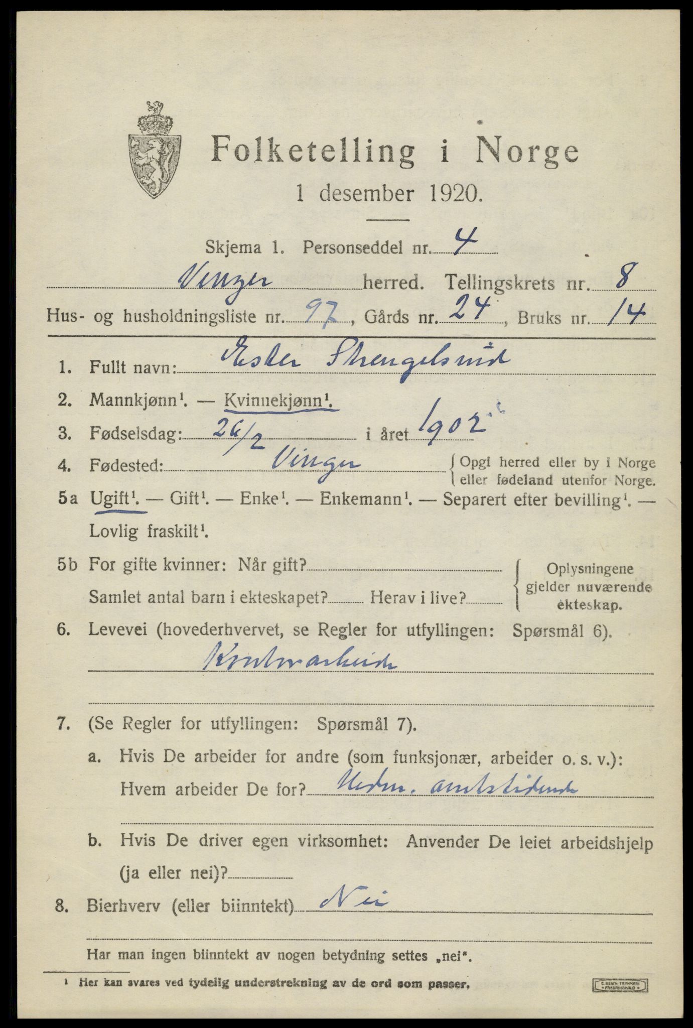 SAH, 1920 census for Vinger, 1920, p. 8150