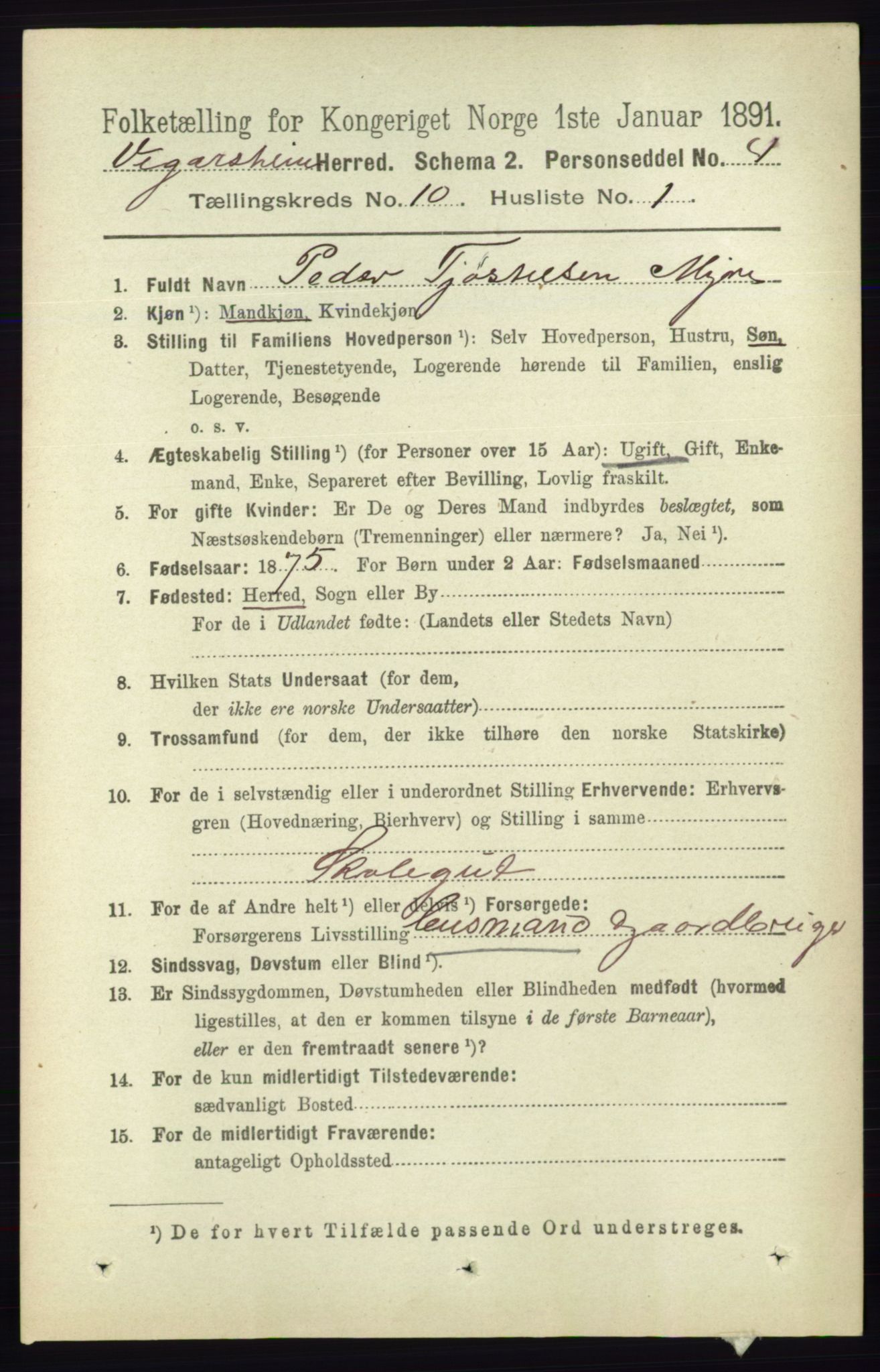 RA, 1891 census for 0912 Vegårshei, 1891, p. 1911