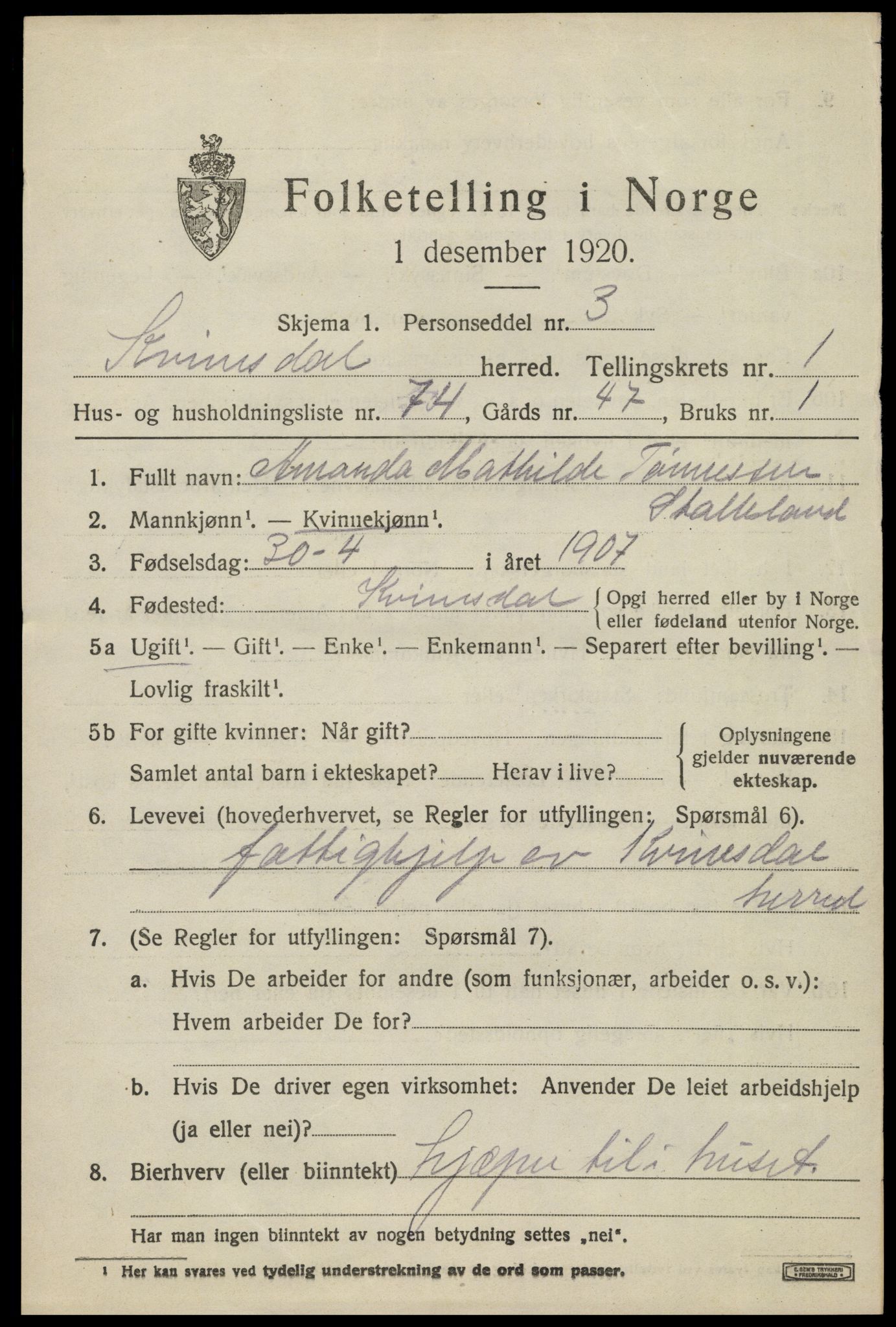 SAK, 1920 census for Kvinesdal, 1920, p. 1937