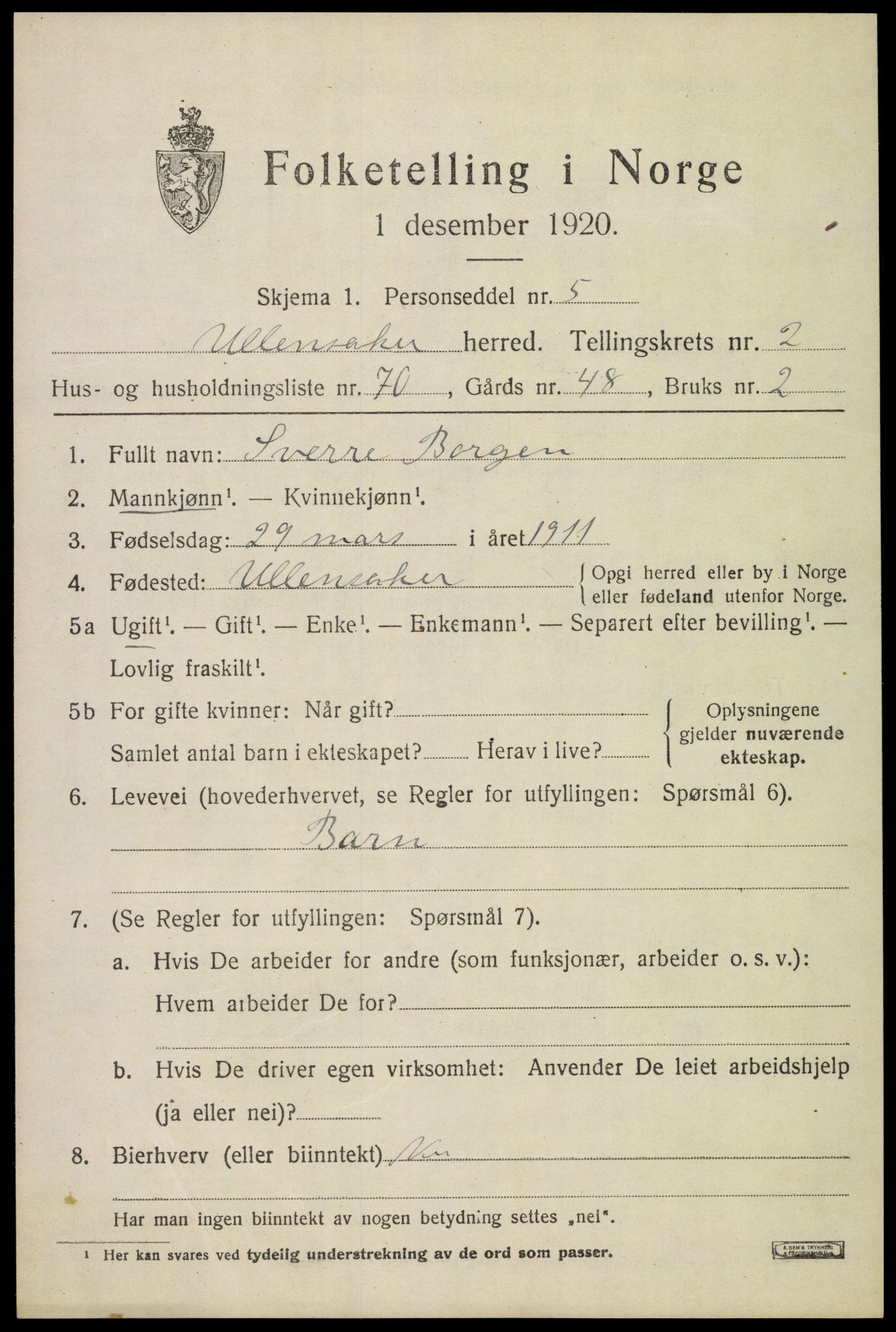 SAO, 1920 census for Ullensaker, 1920, p. 5511