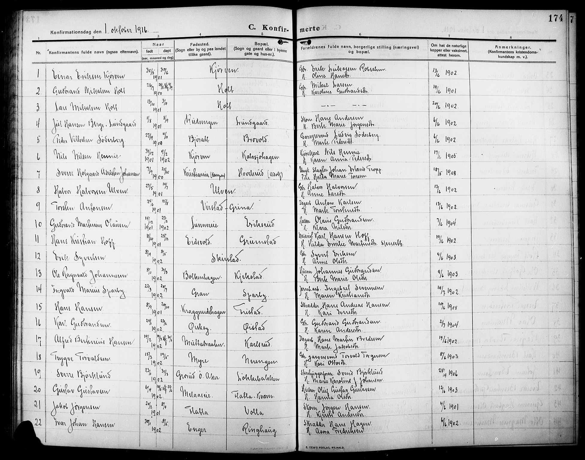 Lunner prestekontor, SAH/PREST-118/H/Ha/Hab/L0001: Parish register (copy) no. 1, 1909-1922, p. 174